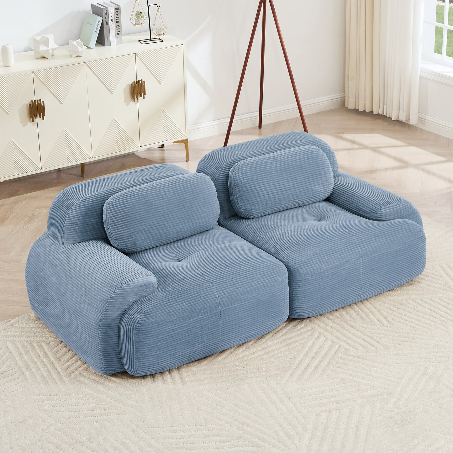 Blue corduroy boneless sectional, 2-seat layout, angled view in a bright living room — Blue / 2-Seat