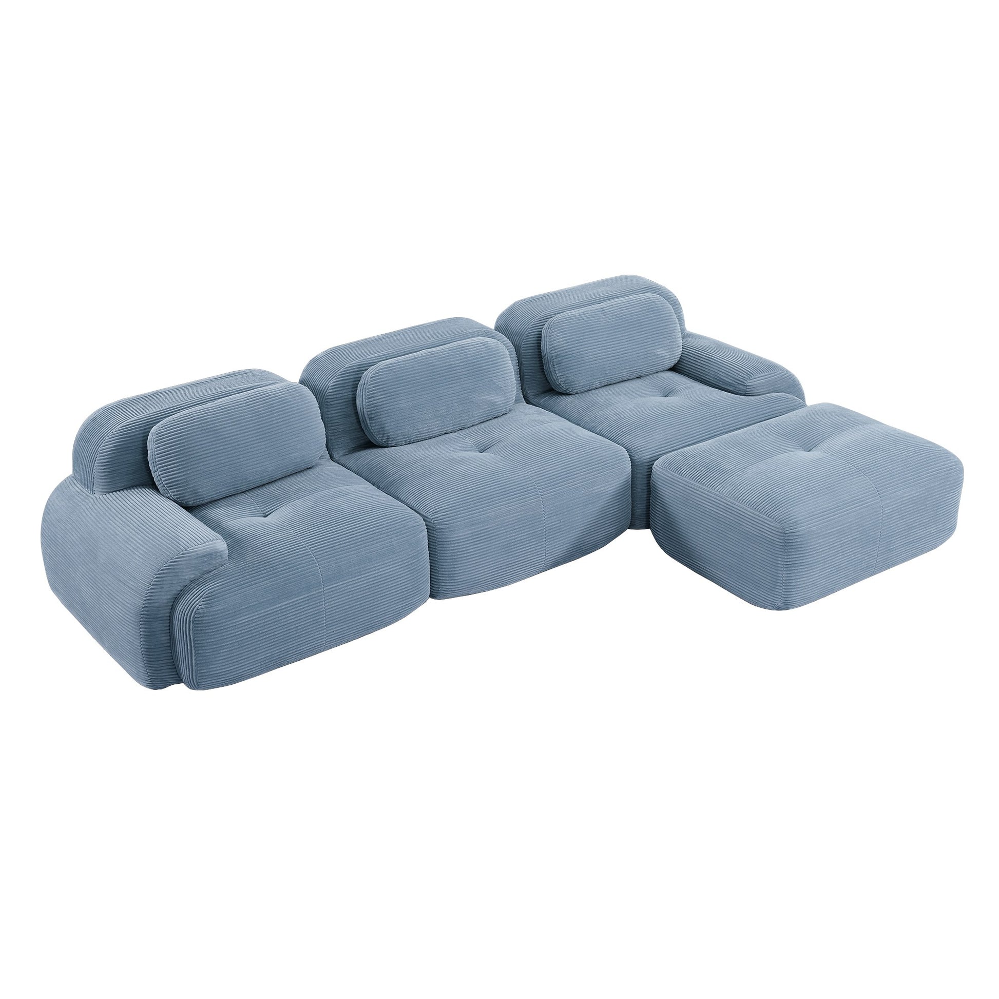 Blue corduroy boneless sectional, 3-seat with one ottoman layout, 45 degree view on a white background — Blue / 3-Seat + 1 Ottoman
