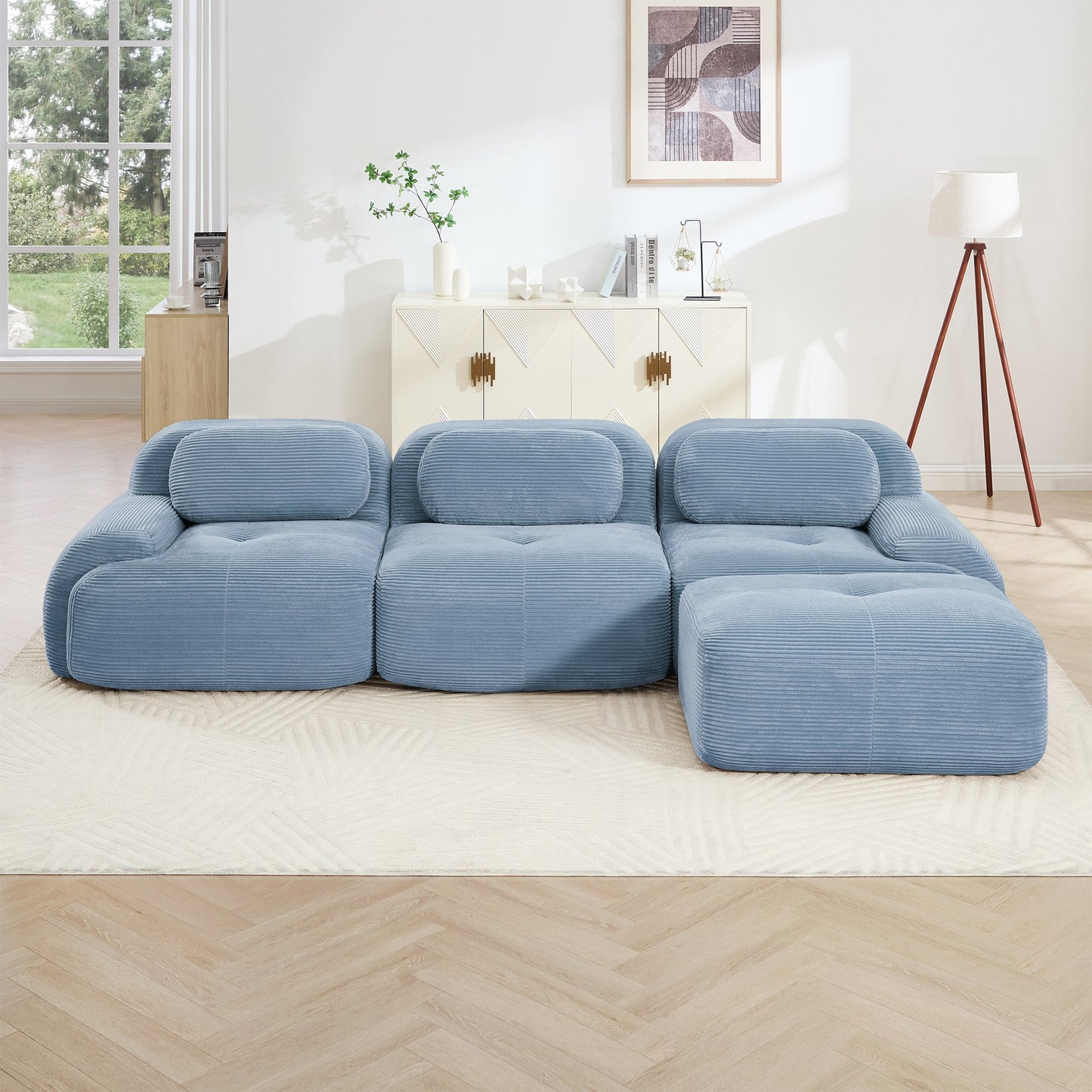 Blue corduroy boneless sectional, 3-seat with one ottoman layout, straight on view in a living room — Blue / 3-Seat + 1 Ottoman