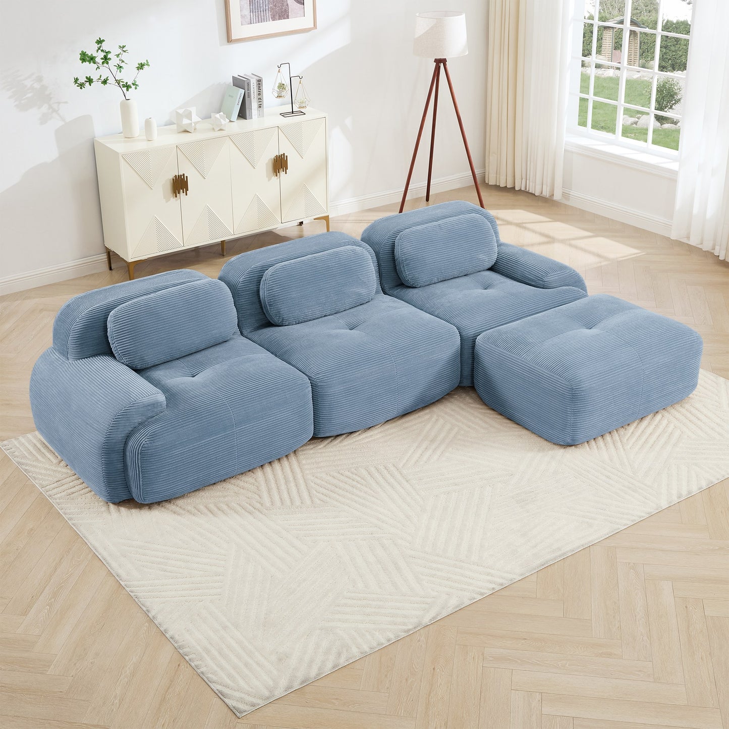 Blue corduroy boneless sectional, 3-seat with one ottoman layout, angled view in a bright living room — Blue / 3-Seat + 1 Ottoman
