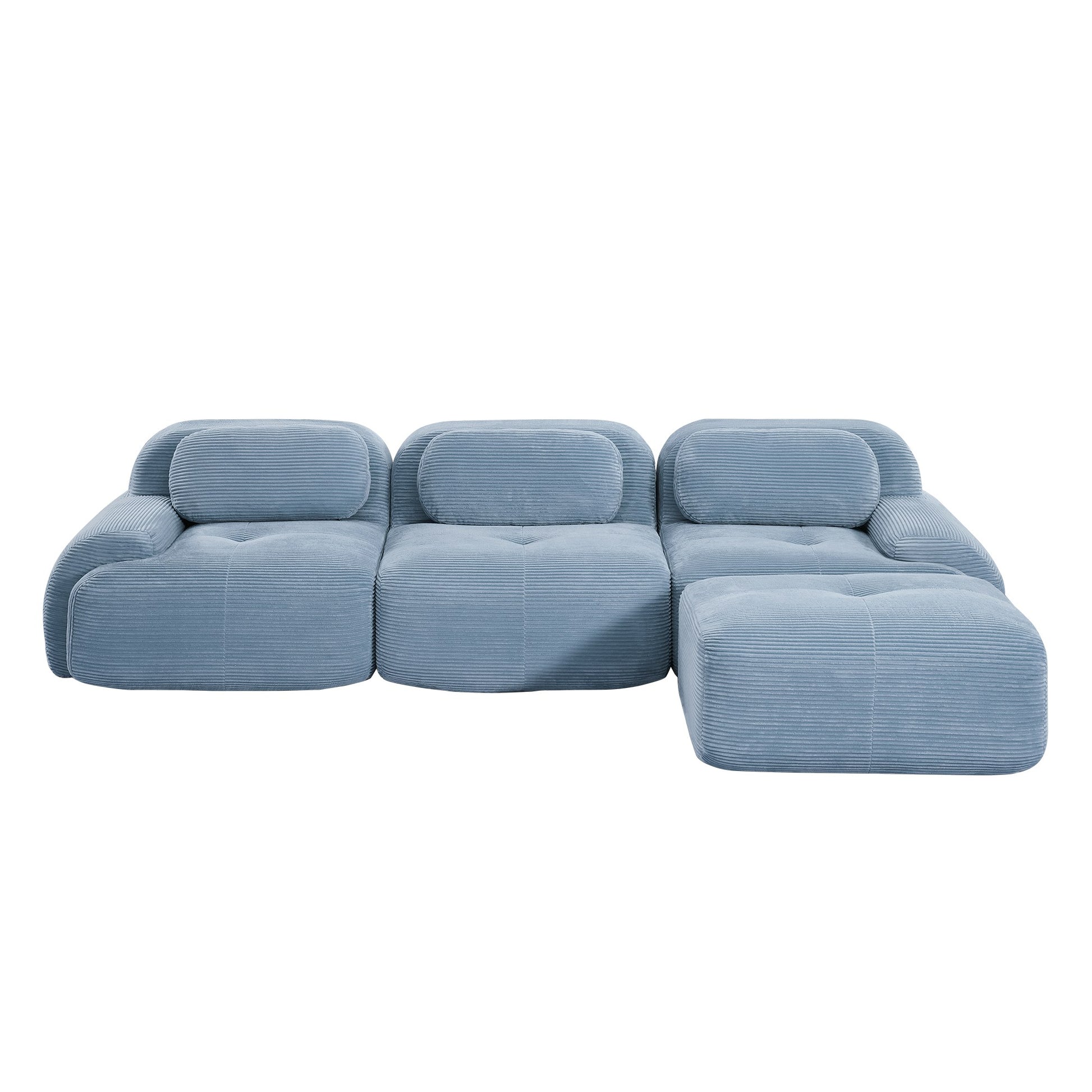 Blue corduroy boneless sectional, 3-seat with one ottoman layout, second view on a white background — Blue / 3-Seat + 1 Ottoman