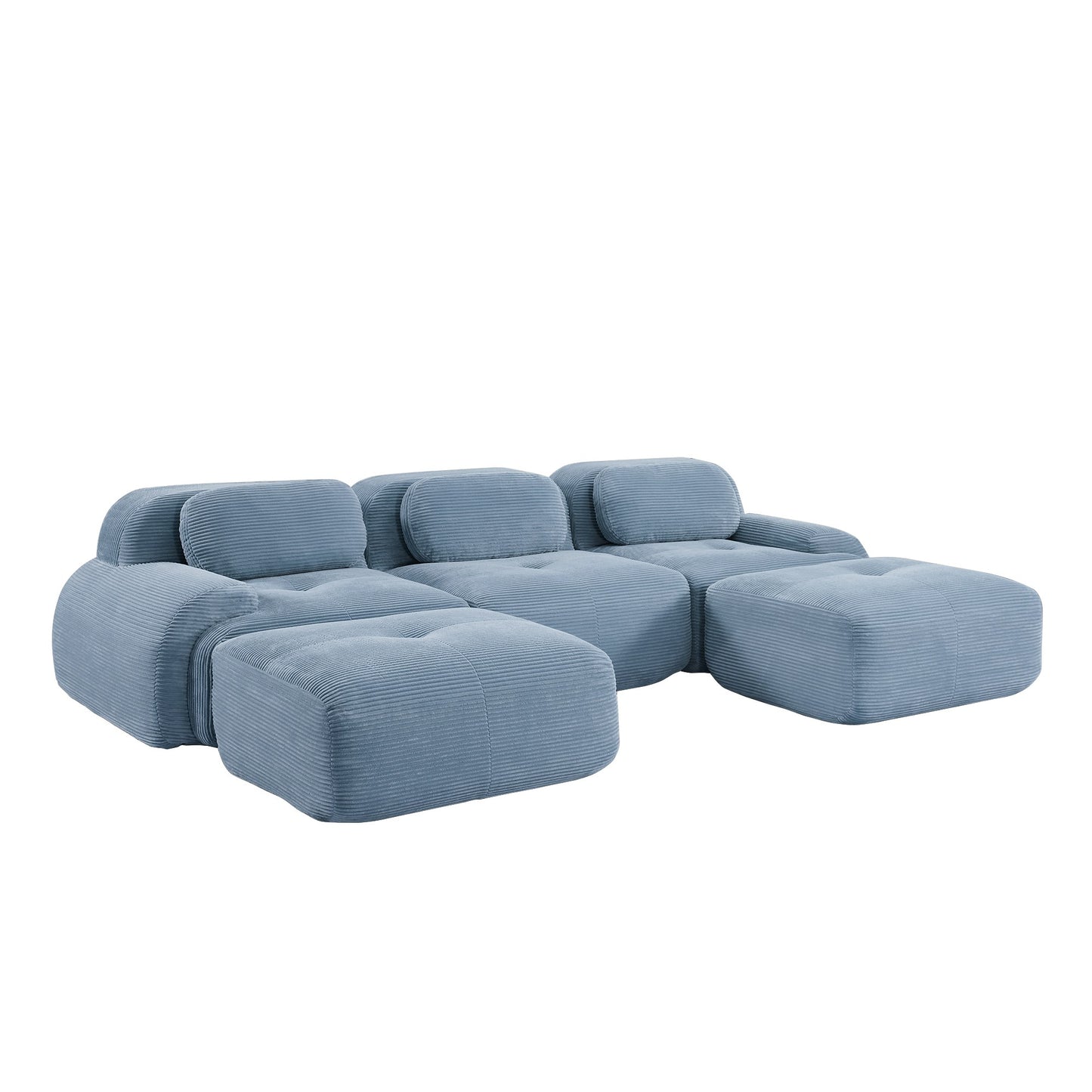 Blue corduroy boneless sectional, 3-seat with two ottomans layout, 45 degree view on a white background — Blue / 3-Seat + 2 Ottomans