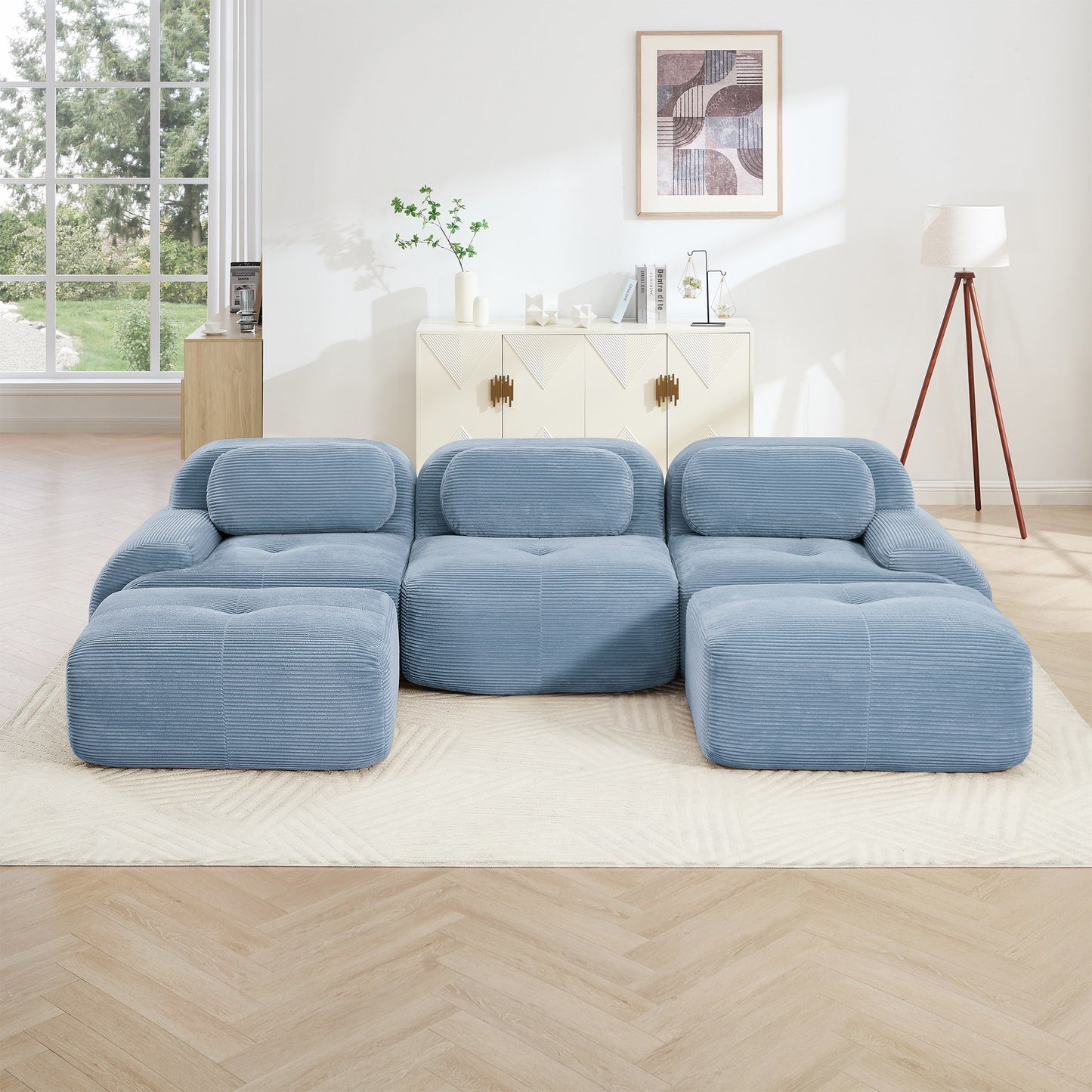 Blue corduroy boneless sectional, 3-seat with two ottomans layout, straight on view in a living room — Blue / 3-Seat + 2 Ottomans