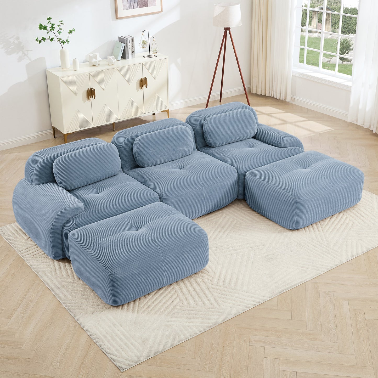 Blue corduroy boneless sectional, 3-seat with two ottomans layout, angled view in a bright living room — Blue / 3-Seat + 2 Ottomans