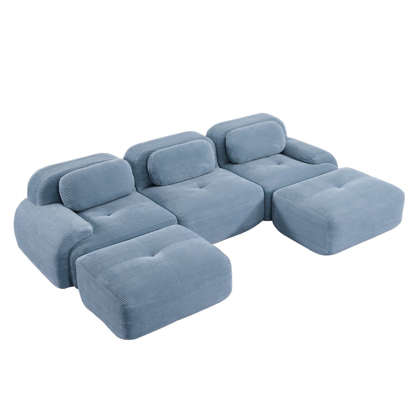 Blue corduroy boneless sectional, 3-seat with two ottomans layout, second view on a white background — Blue / 3-Seat + 2 Ottomans
