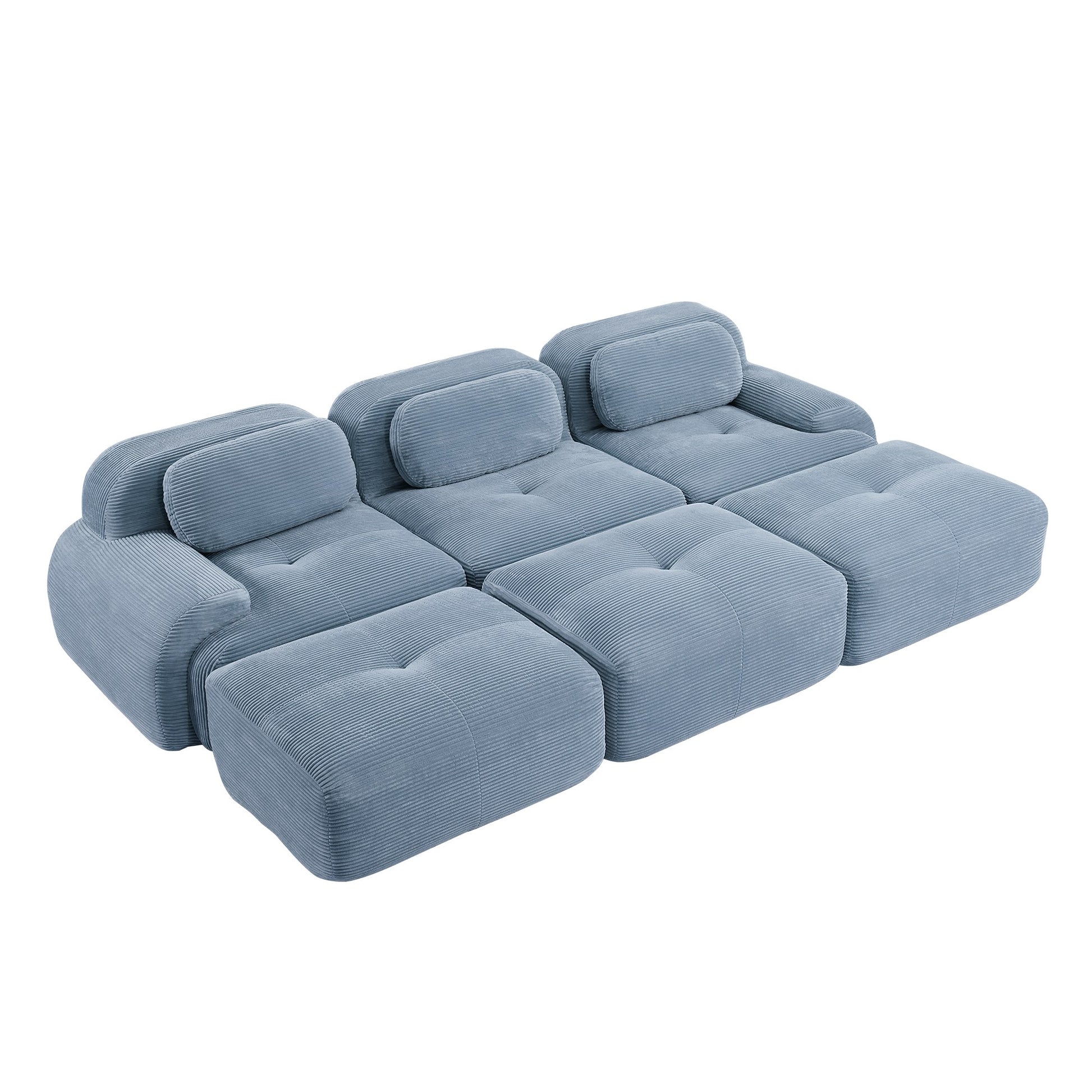 Blue corduroy boneless sectional, 3-seat with three ottomans layout, 45 degree view on a white background — Blue / 3-Seat + 3 Ottomans