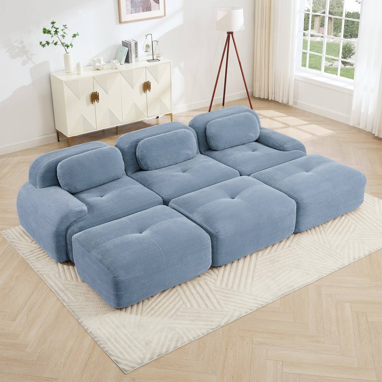Blue corduroy boneless sectional, 3-seat with three ottomans layout, angled view in a bright living room — Blue / 3-Seat + 3 Ottomans