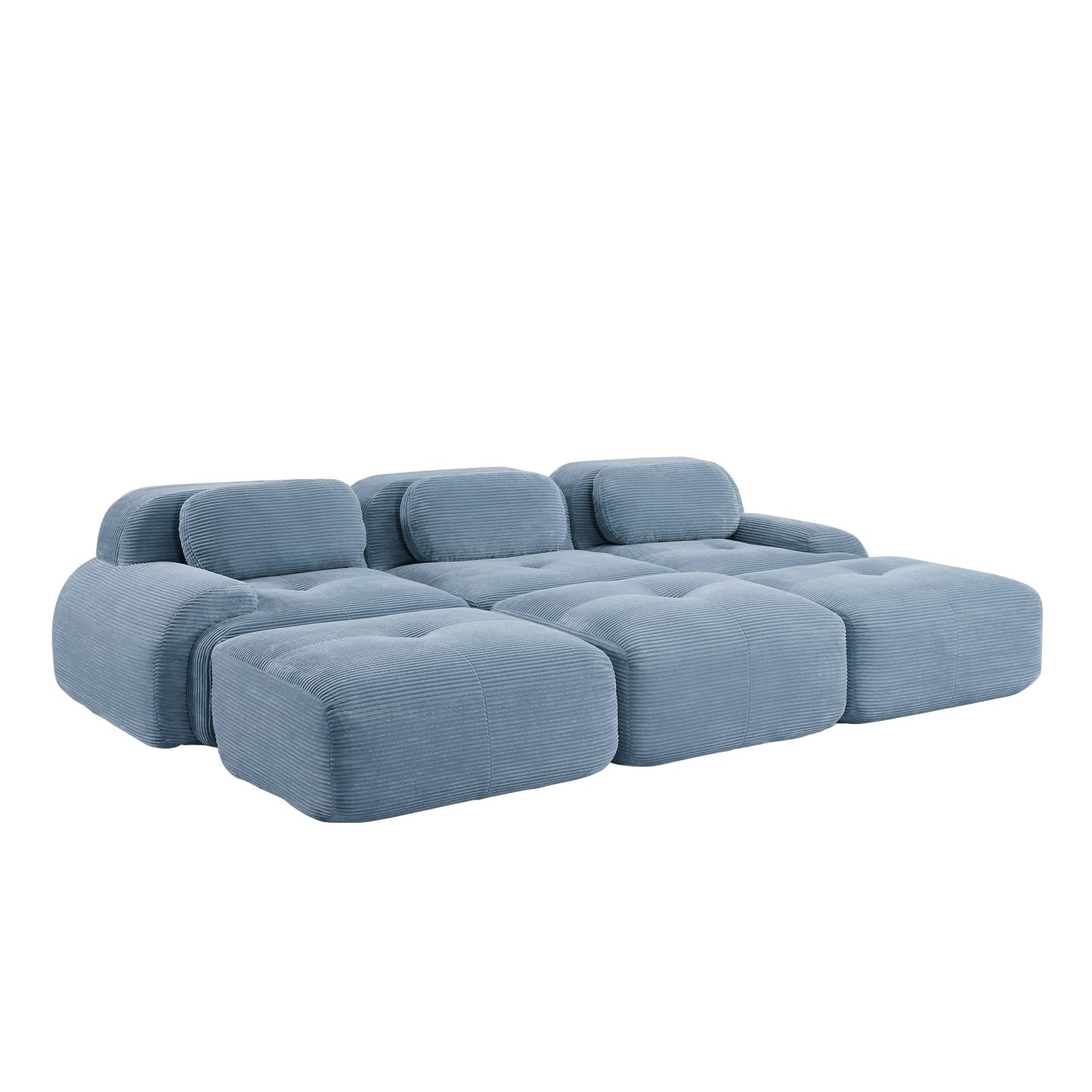 Blue corduroy boneless sectional, 3-seat with three ottomans layout, second view on a white background — Blue / 3-Seat + 3 Ottomans