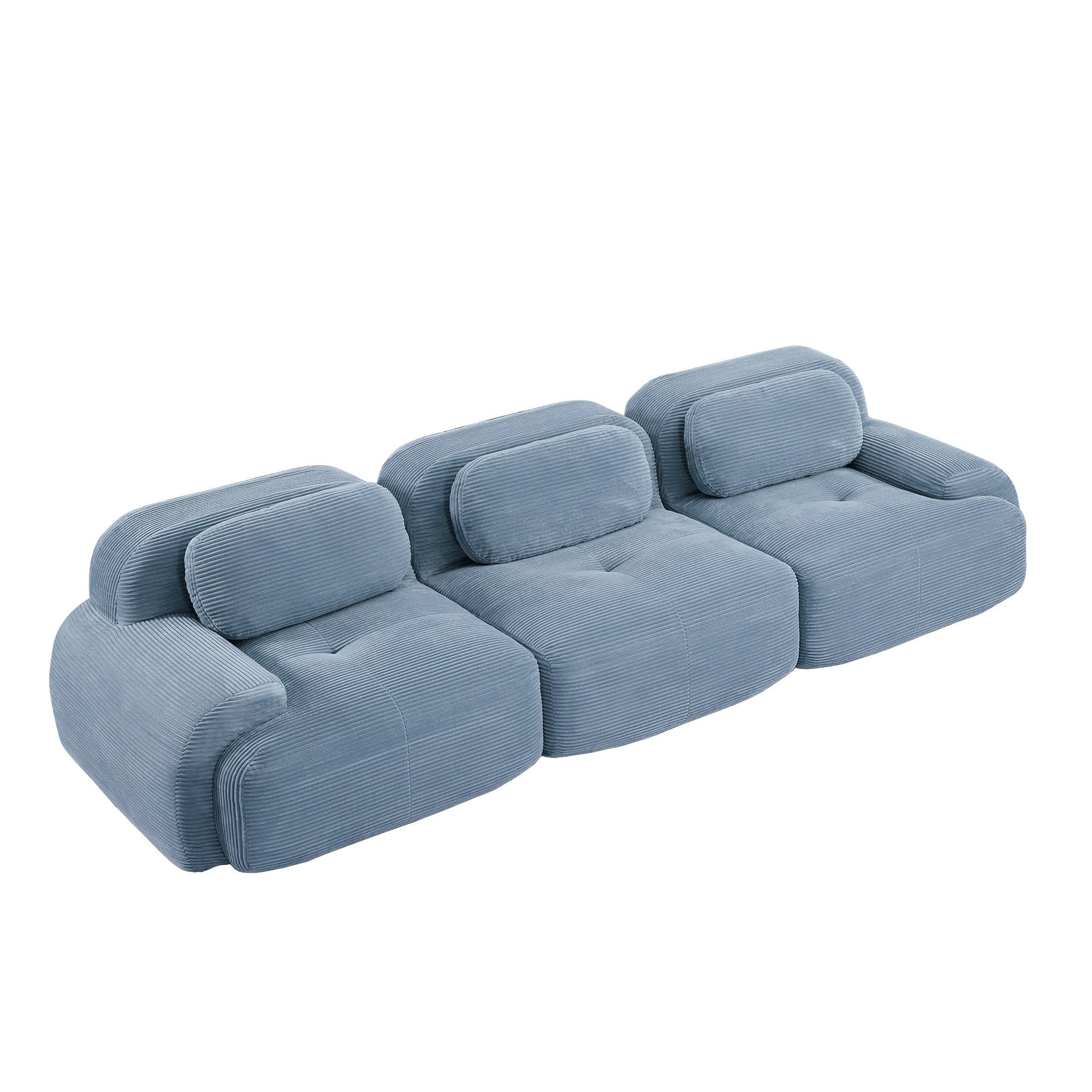 Blue corduroy boneless sectional, 3-seat layout, 45 degree view on a white background — Blue / 3-Seat