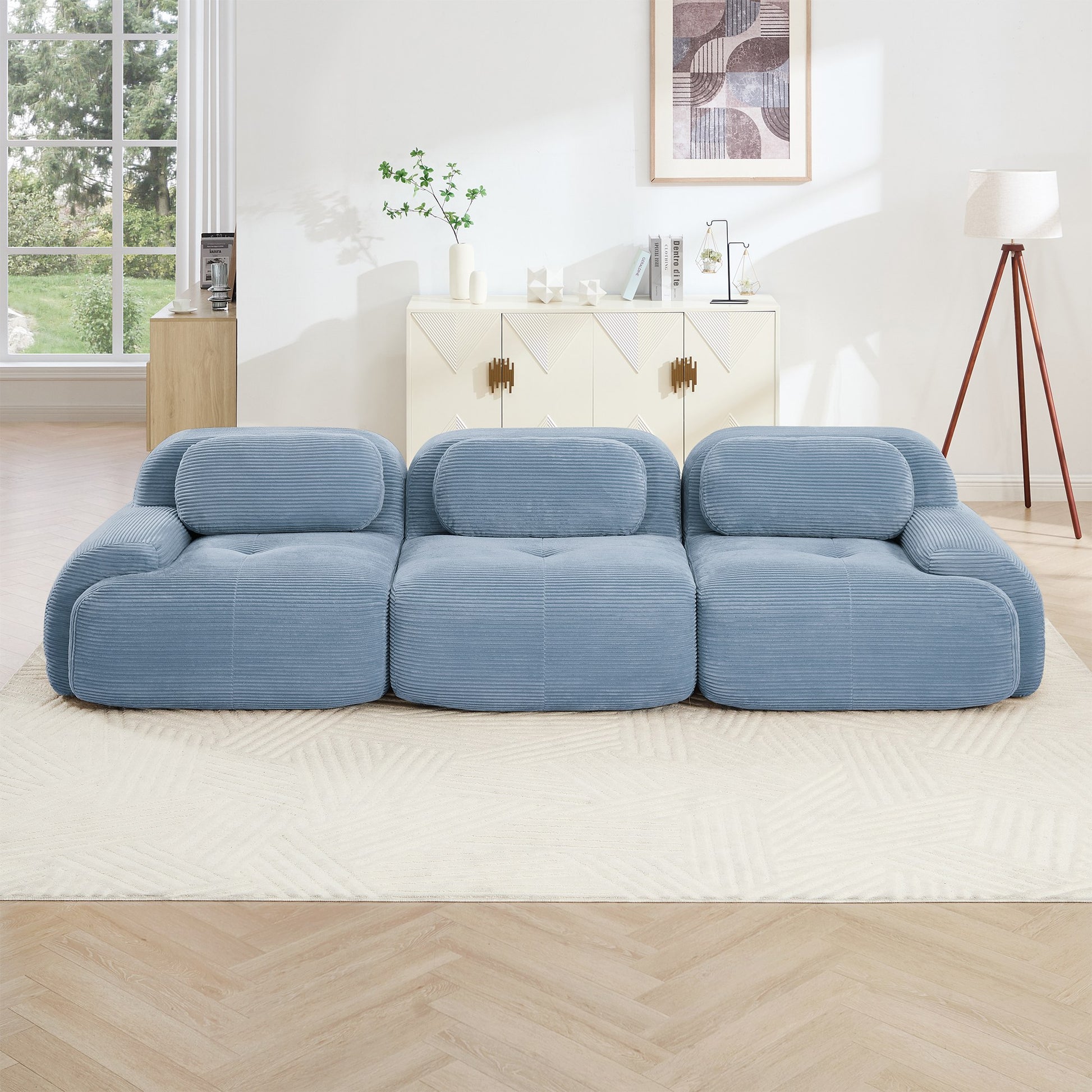 Blue corduroy boneless sectional, 3-seat layout, straight on view in a living room — Blue / 3-Seat