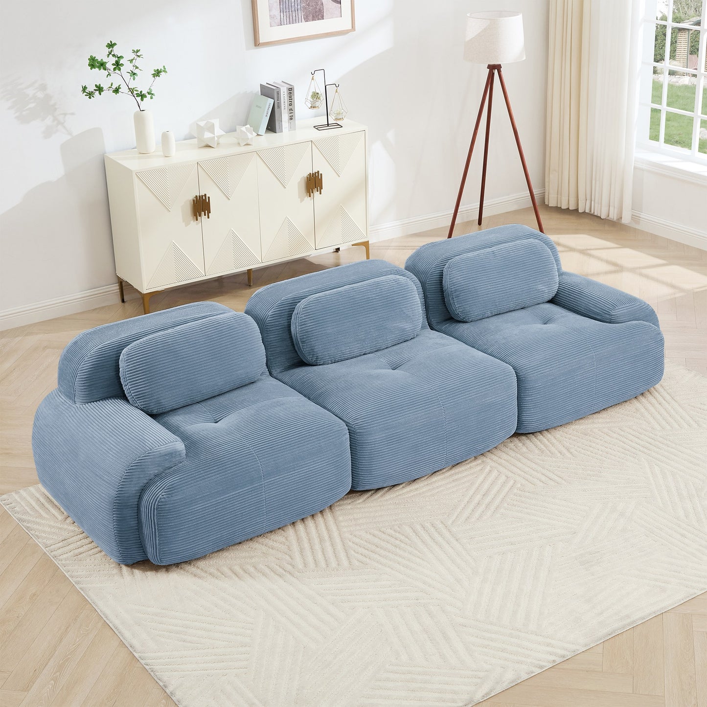 Blue corduroy boneless sectional, 3-seat layout, angled view in a bright living room — Blue / 3-Seat