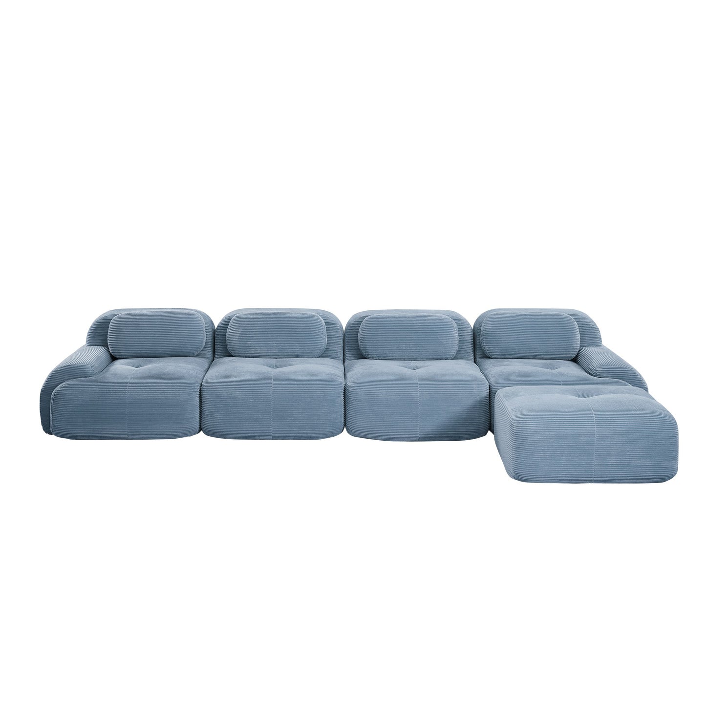 Blue corduroy boneless sectional, 4-seat with one ottoman layout, 45 degree view on a white background — Blue / 4-Seat + 1 Ottoman