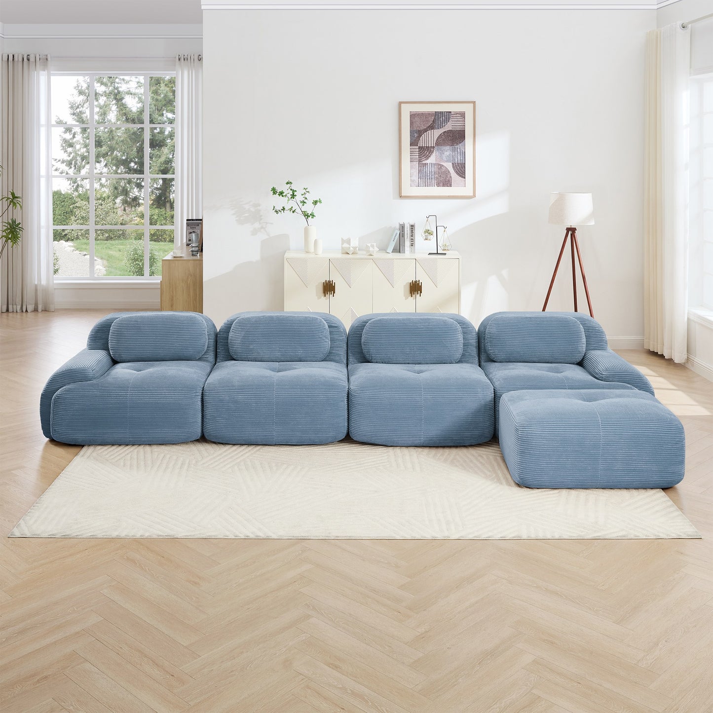Blue corduroy boneless sectional, 4-seat with one ottoman layout, straight on view in a living room — Blue / 4-Seat + 1 Ottoman