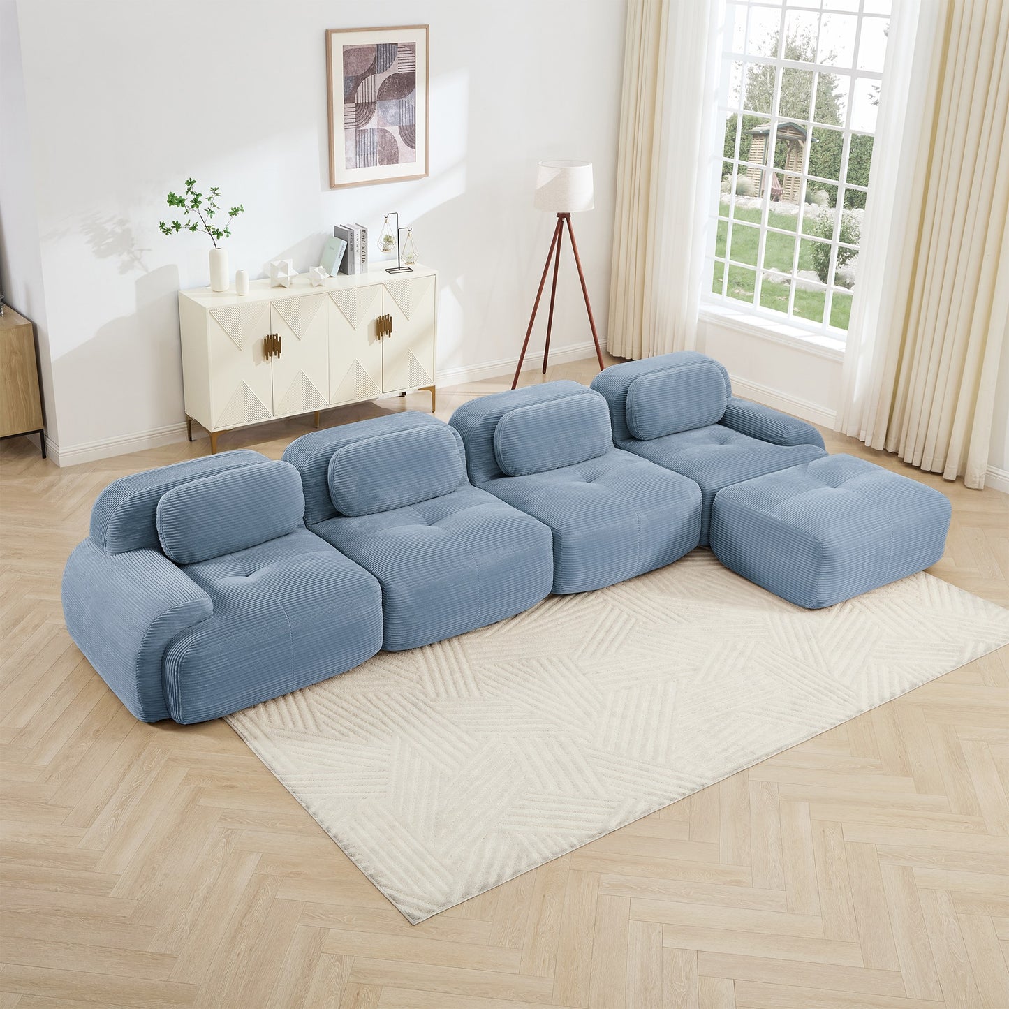 Blue corduroy boneless sectional, 4-seat with one ottoman layout, angled view in a bright living room — Blue / 4-Seat + 1 Ottoman