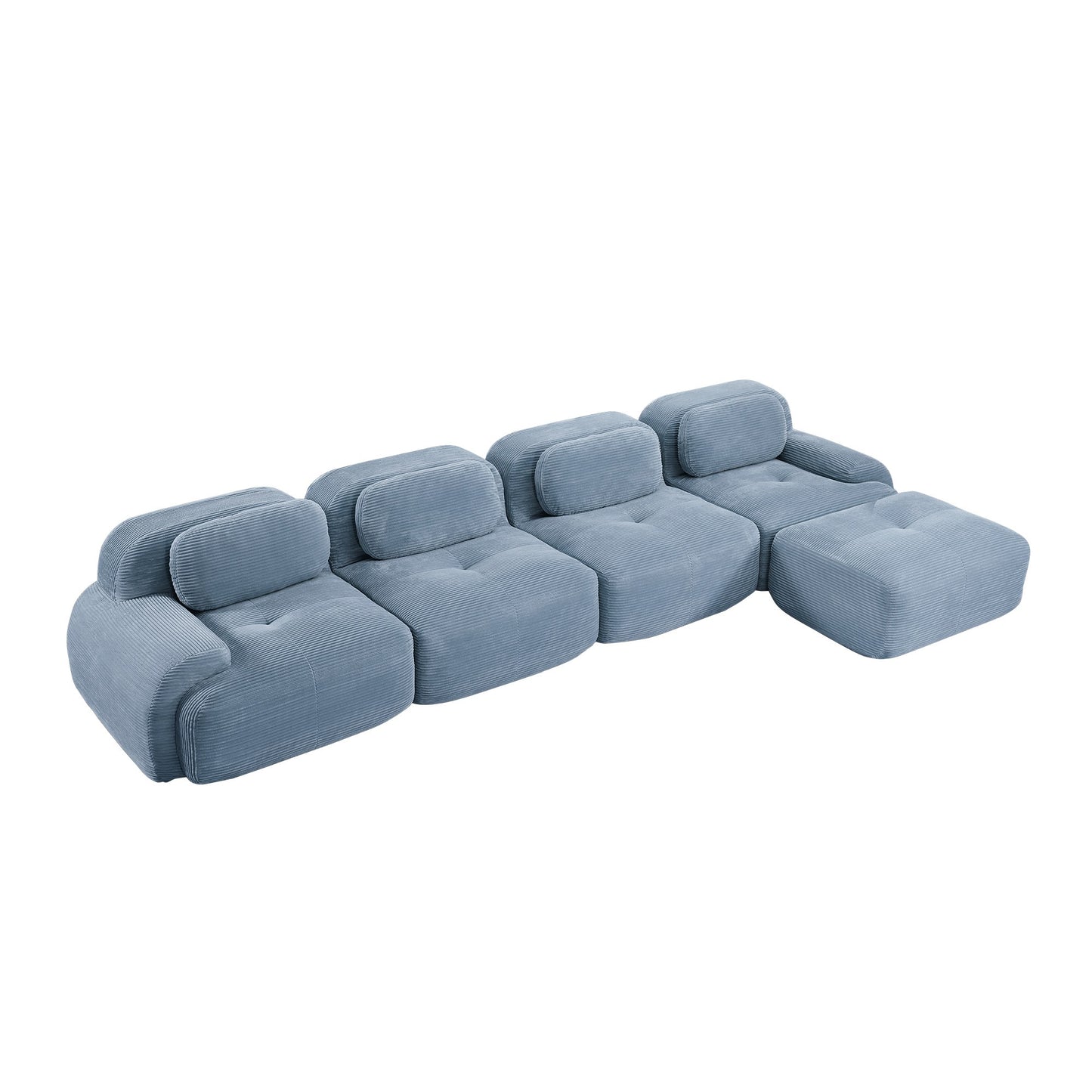 Blue corduroy boneless sectional, 4-seat with one ottoman layout, second view on a white background — Blue / 4-Seat + 1 Ottoman
