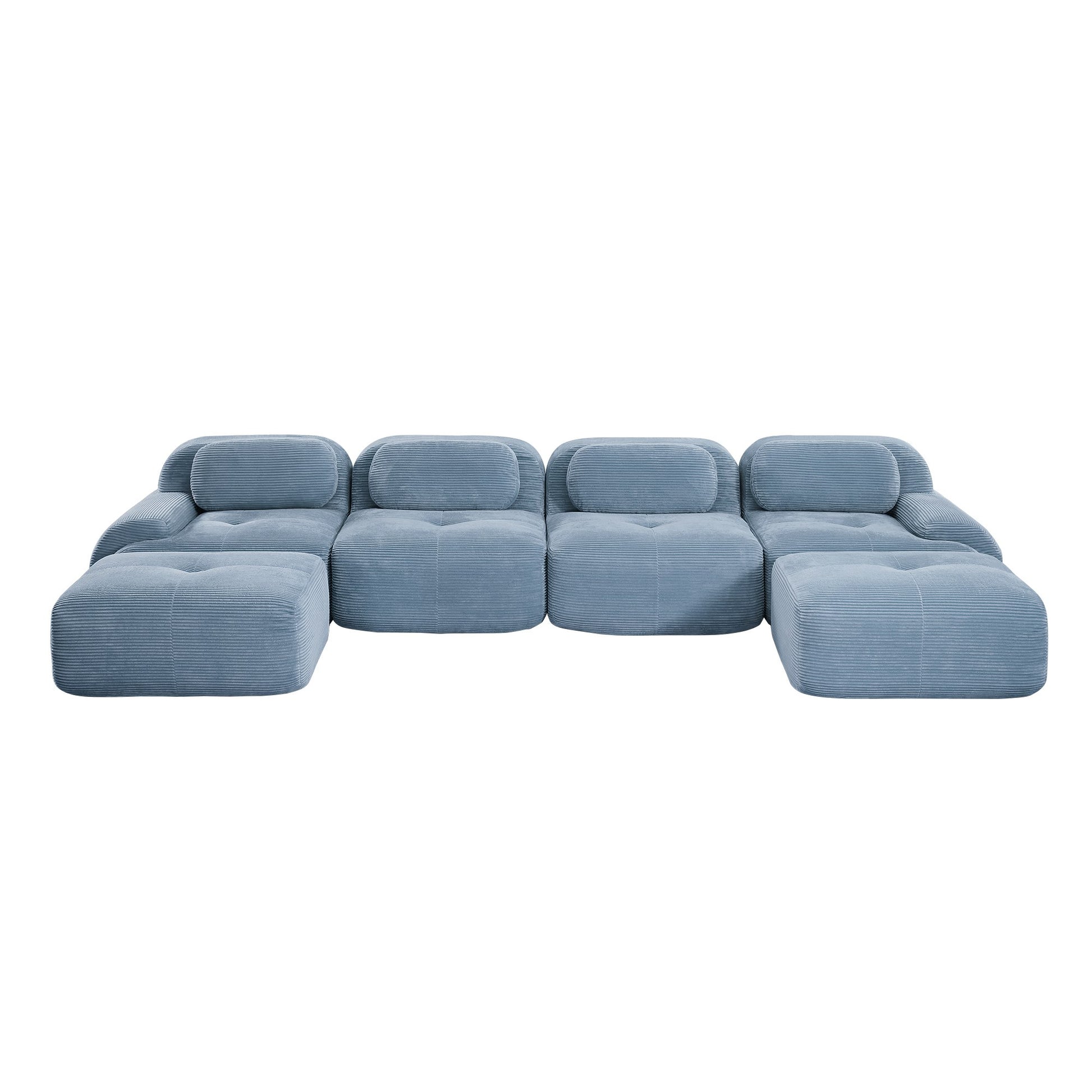 Blue corduroy boneless sectional, 4-seat with two ottomans layout, 45 degree view on a white background — Blue / 4-Seat + 2 Ottomans