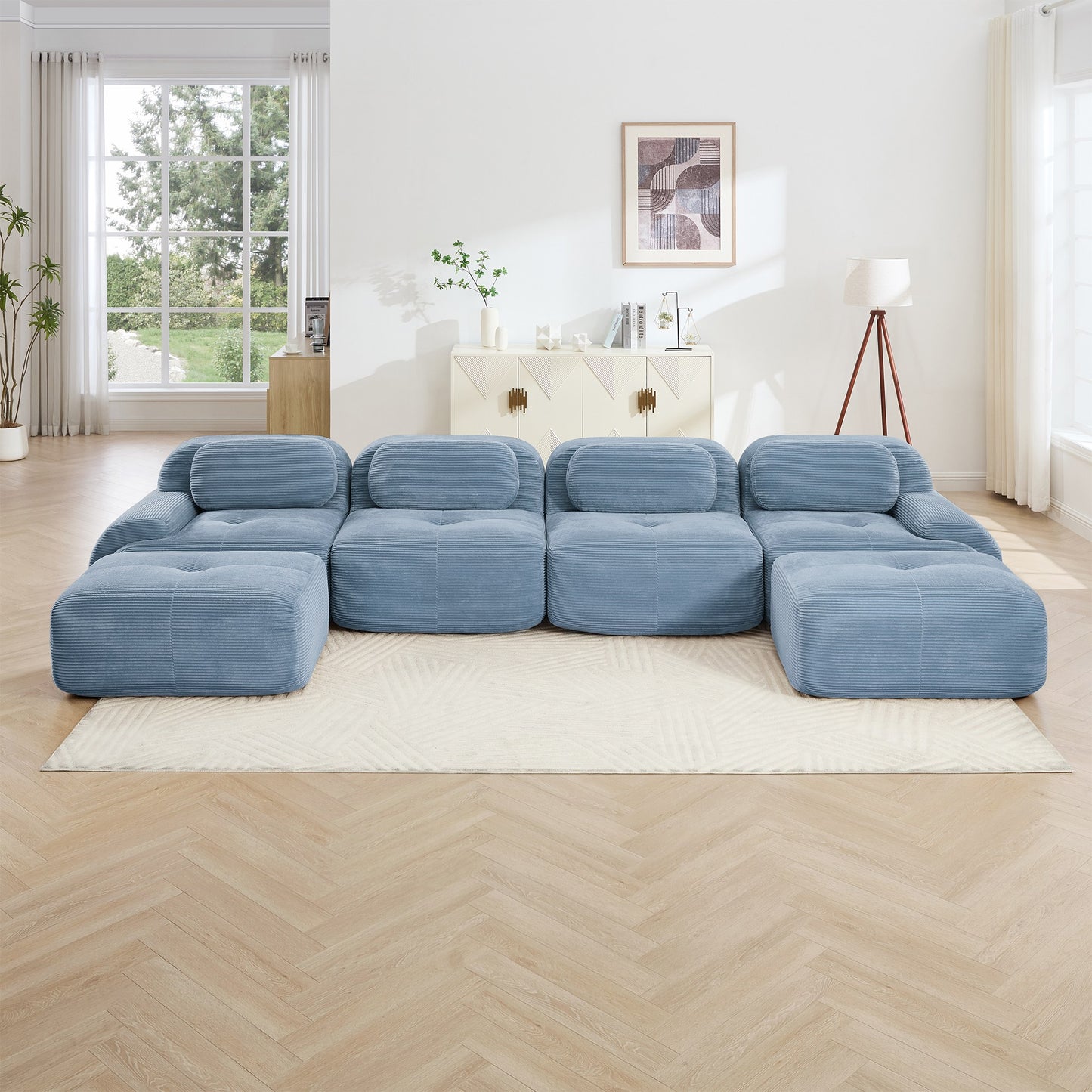 Blue corduroy boneless sectional, 4-seat with two ottomans layout, straight on view in a living room — Blue / 4-Seat + 2 Ottomans