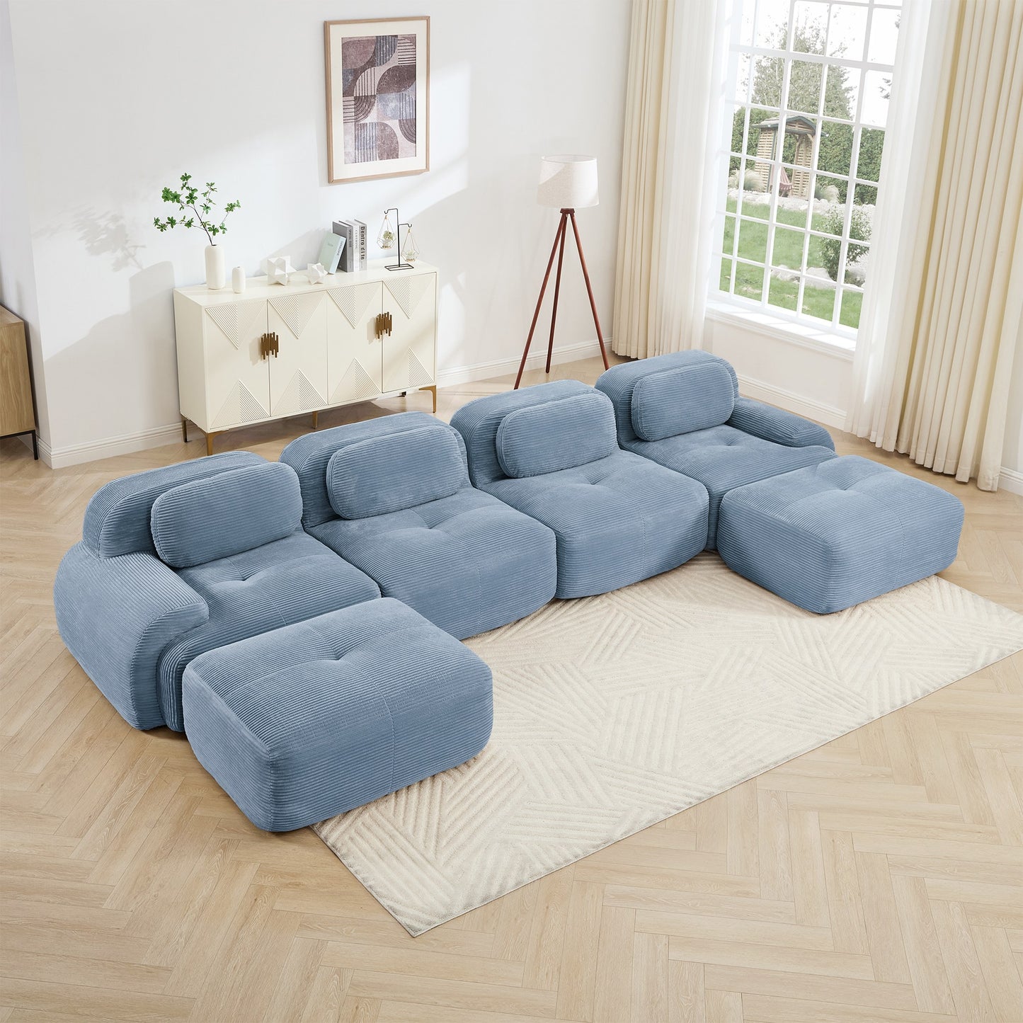 Blue corduroy boneless sectional, 4-seat with two ottomans layout, angled view in a bright living room — Blue / 4-Seat + 2 Ottomans