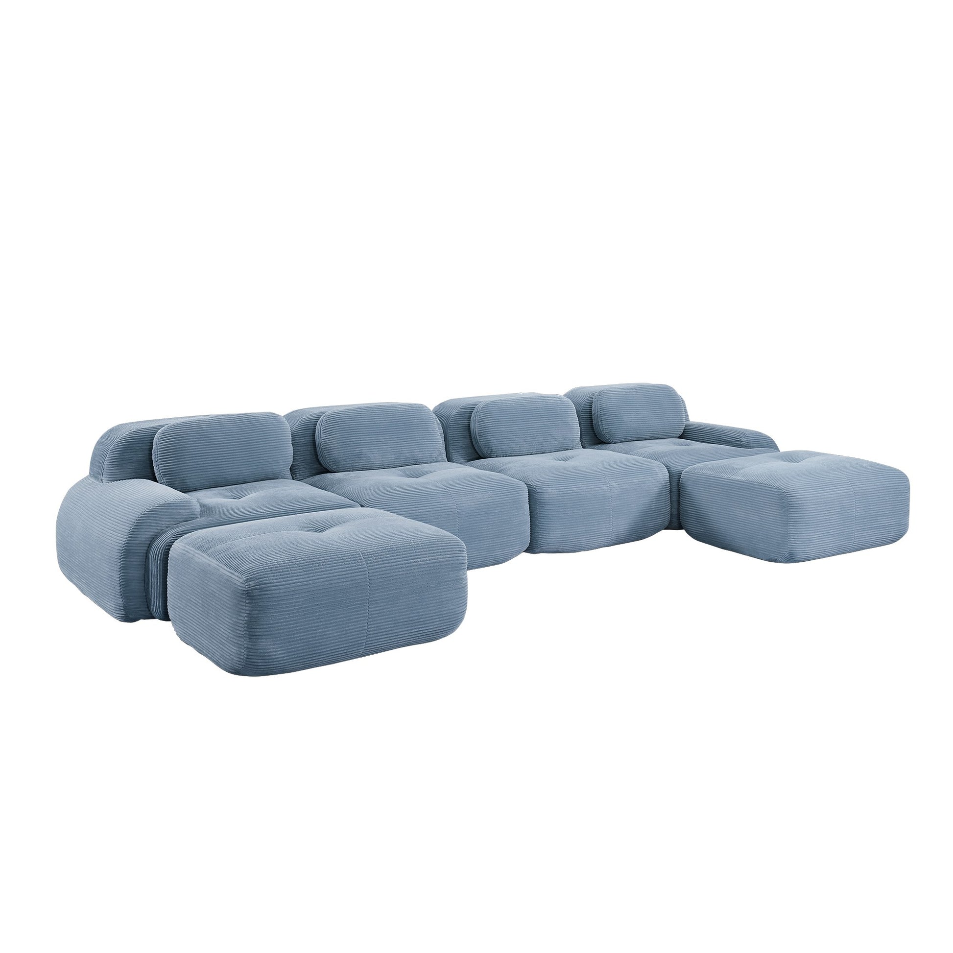 Blue corduroy boneless sectional, 4-seat with two ottomans layout, second view on a white background — Blue / 4-Seat + 2 Ottomans
