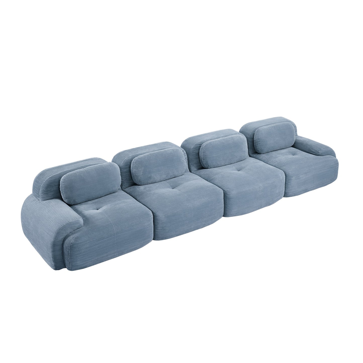 Blue corduroy boneless sectional, 4-seat layout, 45 degree view on a white background — Blue / 4-Seat