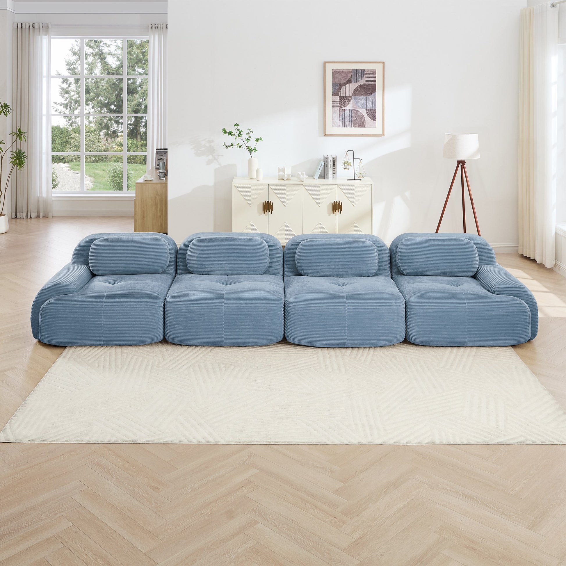 Blue corduroy boneless sectional, 4-seat layout, straight on view in a living room — Blue / 4-Seat