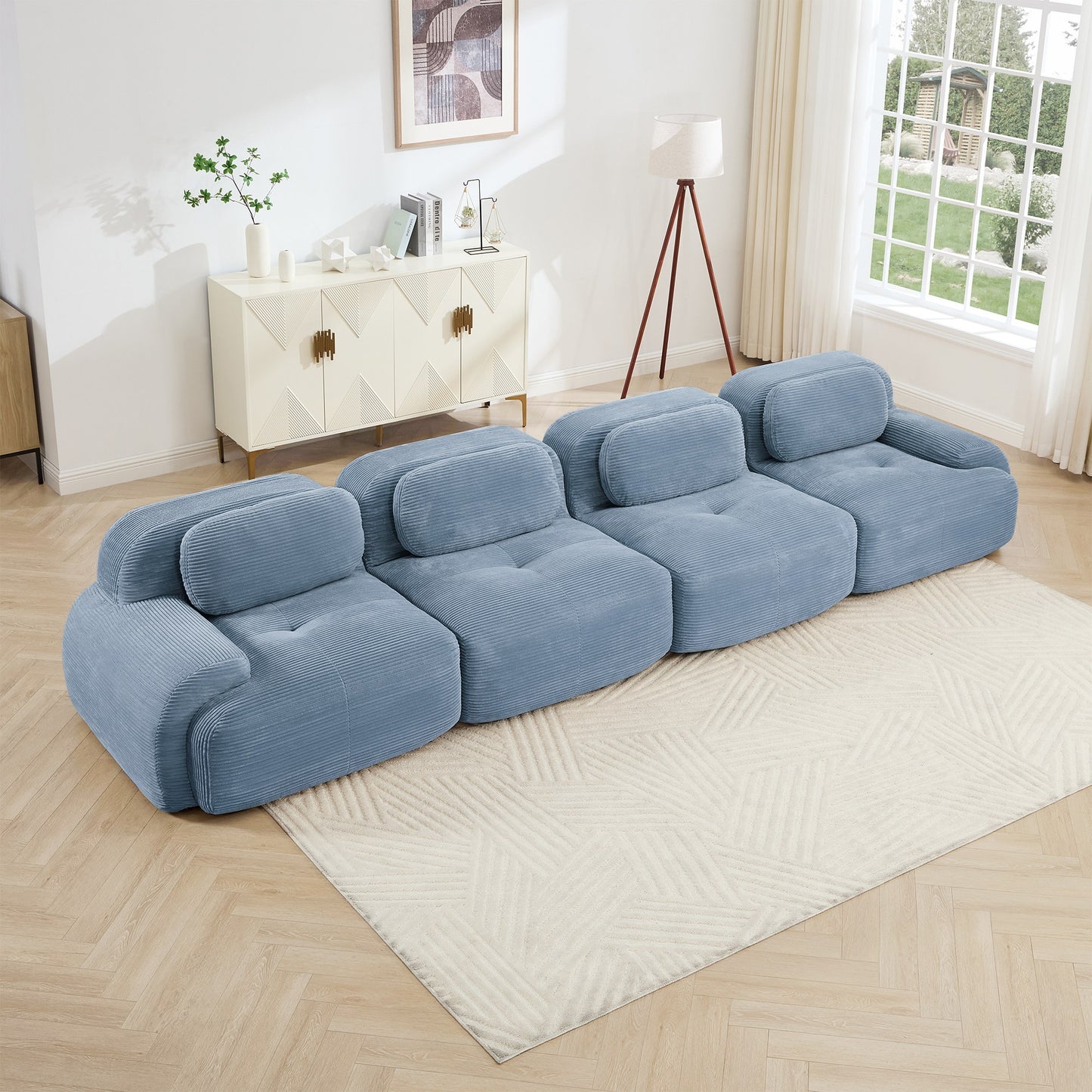 Blue corduroy boneless sectional, 4-seat layout, angled view in a bright living room — Blue / 4-Seat