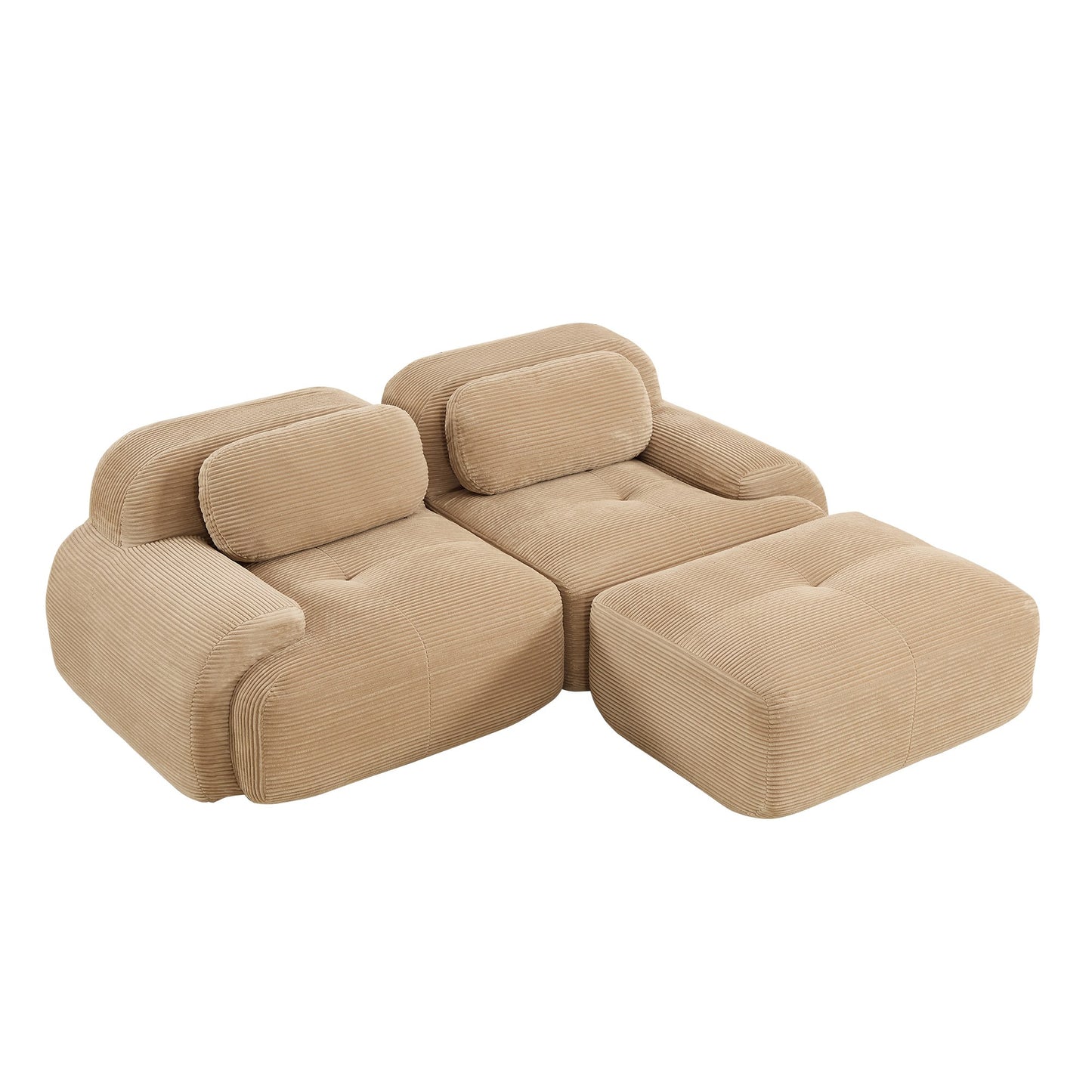Camel corduroy boneless sectional, 2-seat with one ottoman layout, 45 degree view on a white background — Camel / 2-Seat + 1 Ottoman
