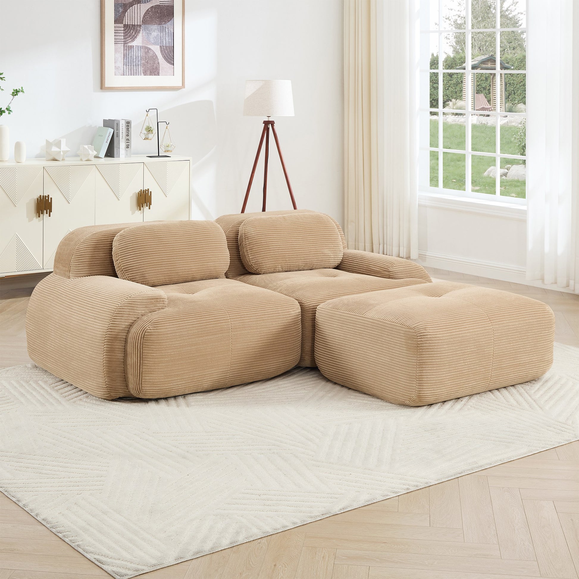 Camel corduroy boneless sectional, 2-seat with one ottoman layout, straight on view in a living room — Camel / 2-Seat + 1 Ottoman