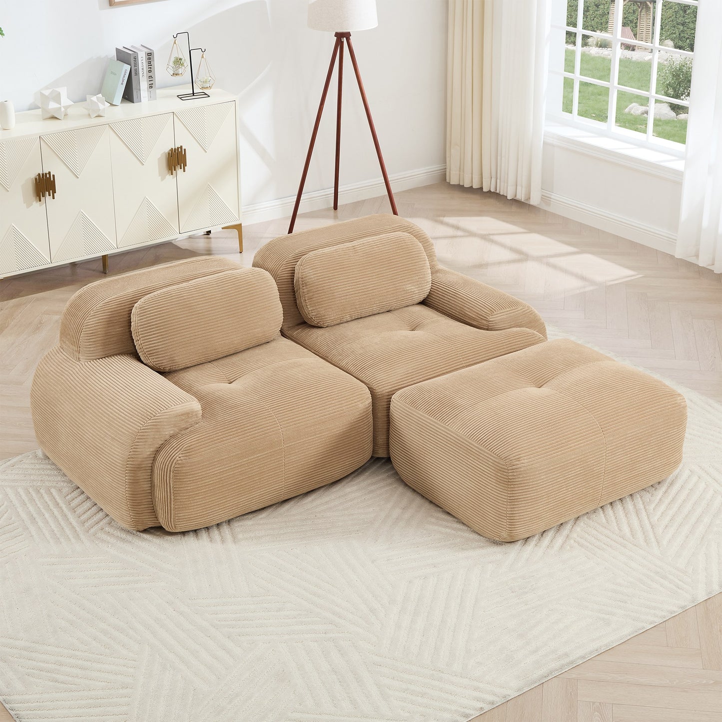 Camel corduroy boneless sectional, 2-seat with one ottoman layout, angled view in a bright living room — Camel / 2-Seat + 1 Ottoman