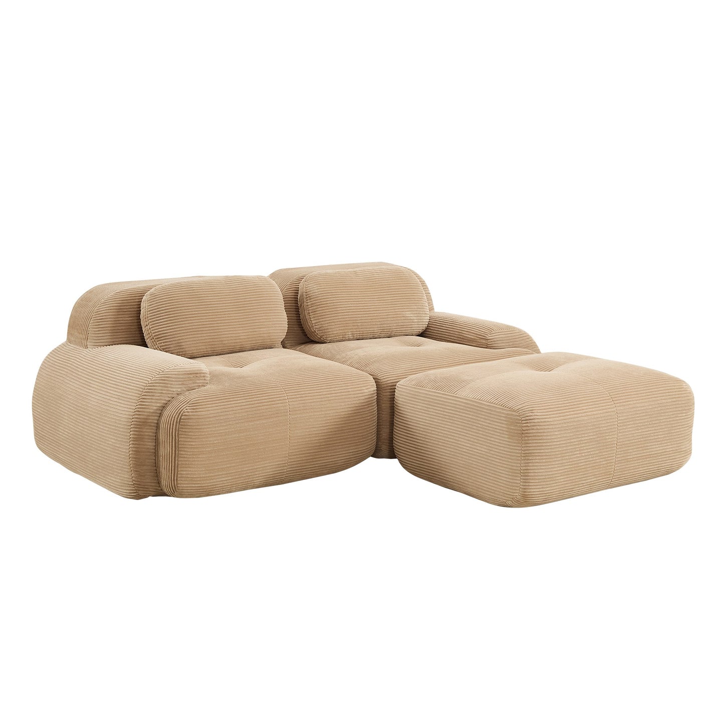 Camel corduroy boneless sectional, 2-seat with one ottoman layout, second view on a white background — Camel / 2-Seat + 1 Ottoman