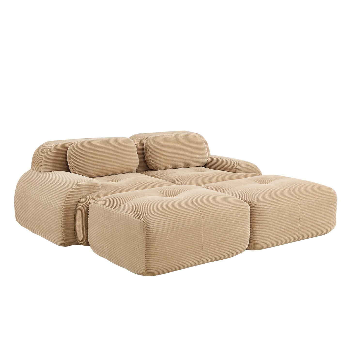 Camel corduroy boneless sectional, 2-seat with two ottomans layout, 45 degree view on a white background — Camel / 2-Seat + 2 Ottomans