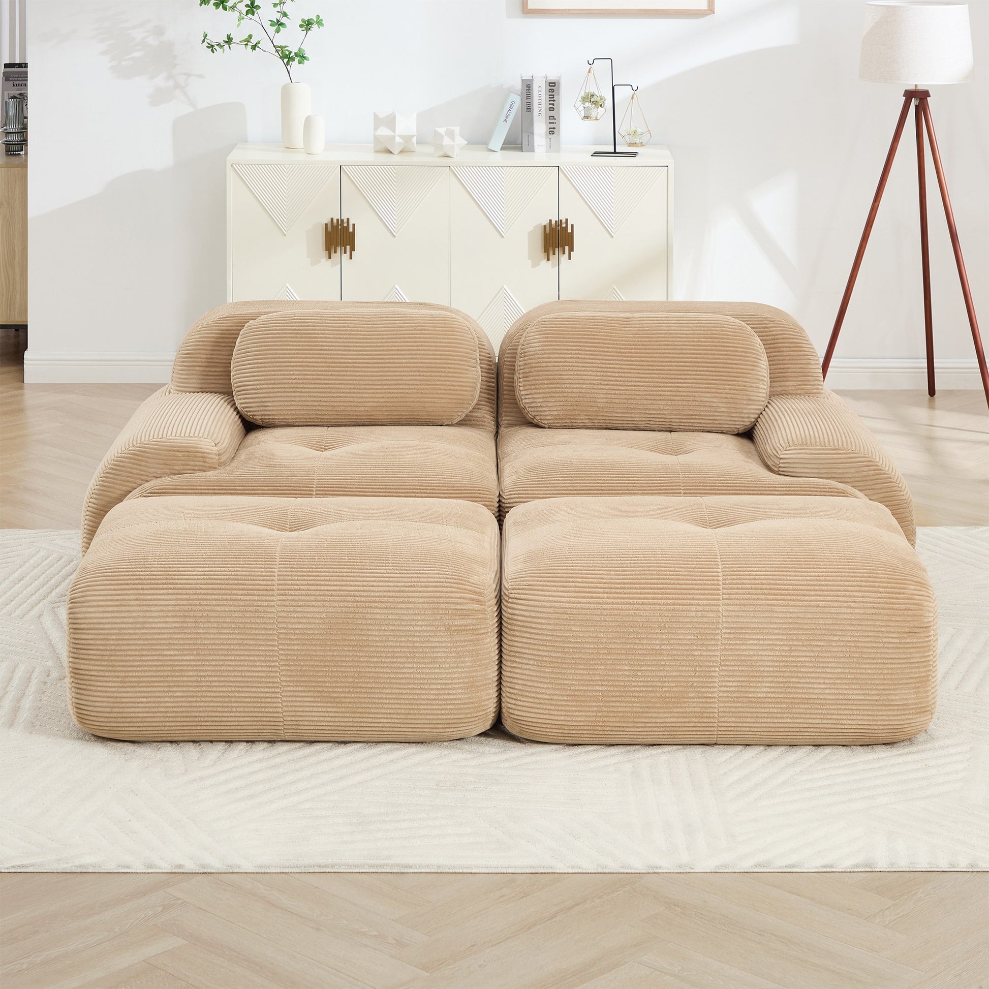 Camel corduroy boneless sectional, 2-seat with two ottomans layout, straight on view in a living room — Camel / 2-Seat + 2 Ottomans