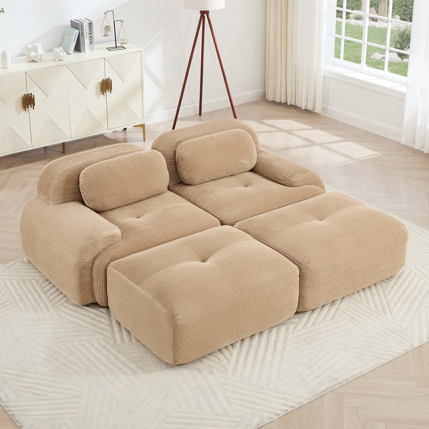 Camel corduroy boneless sectional, 2-seat with two ottomans layout, angled view in a bright living room — Camel / 2-Seat + 2 Ottomans