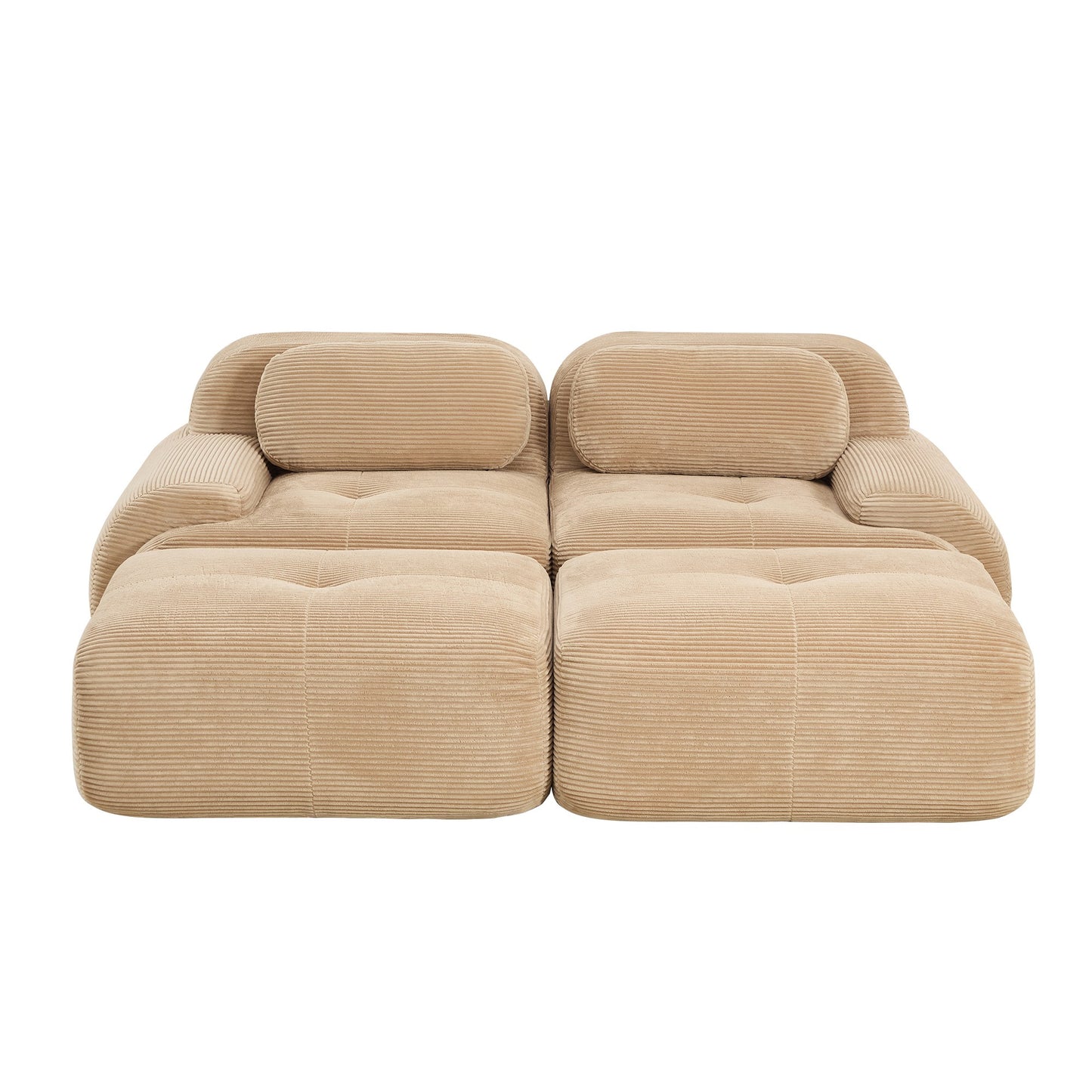 Camel corduroy boneless sectional, 2-seat with two ottomans layout, second view on a white background — Camel / 2-Seat + 2 Ottomans