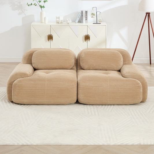 Camel corduroy boneless sectional, 2-seat layout, straight on view in a living room — Camel / 2-Seat