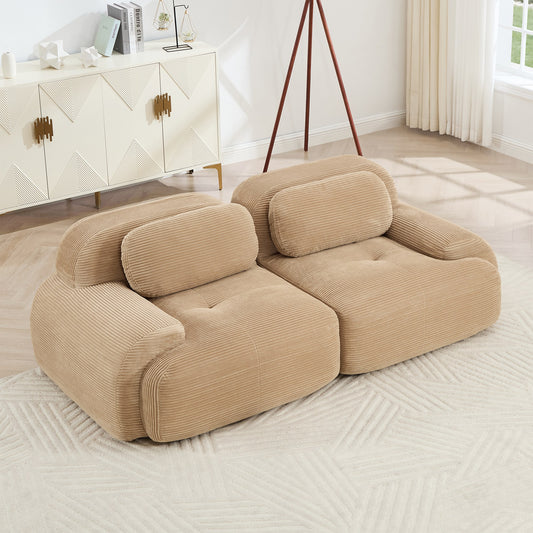 Camel corduroy boneless sectional, 2-seat layout, angled view in a bright living room — Camel / 2-Seat