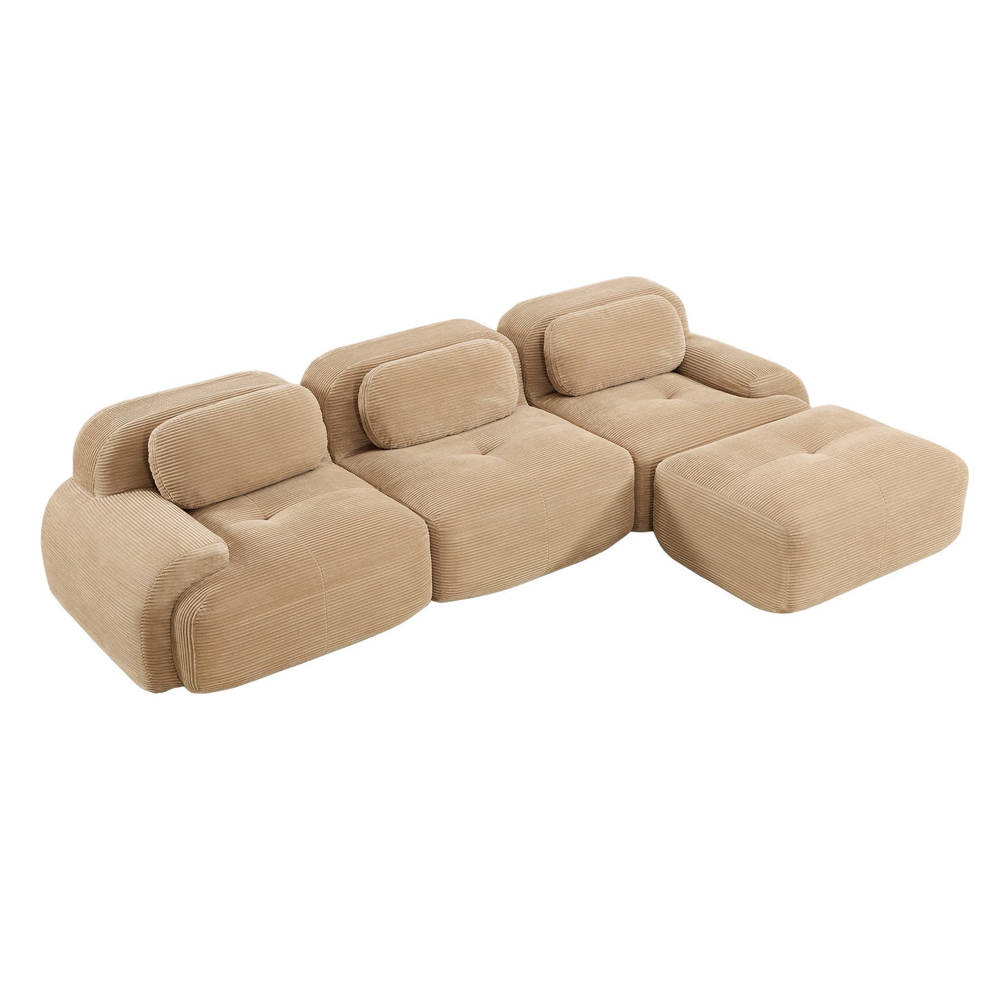 Camel corduroy boneless sectional, 3-seat with one ottoman layout, 45 degree view on a white background — Camel / 3-Seat + 1 Ottoman