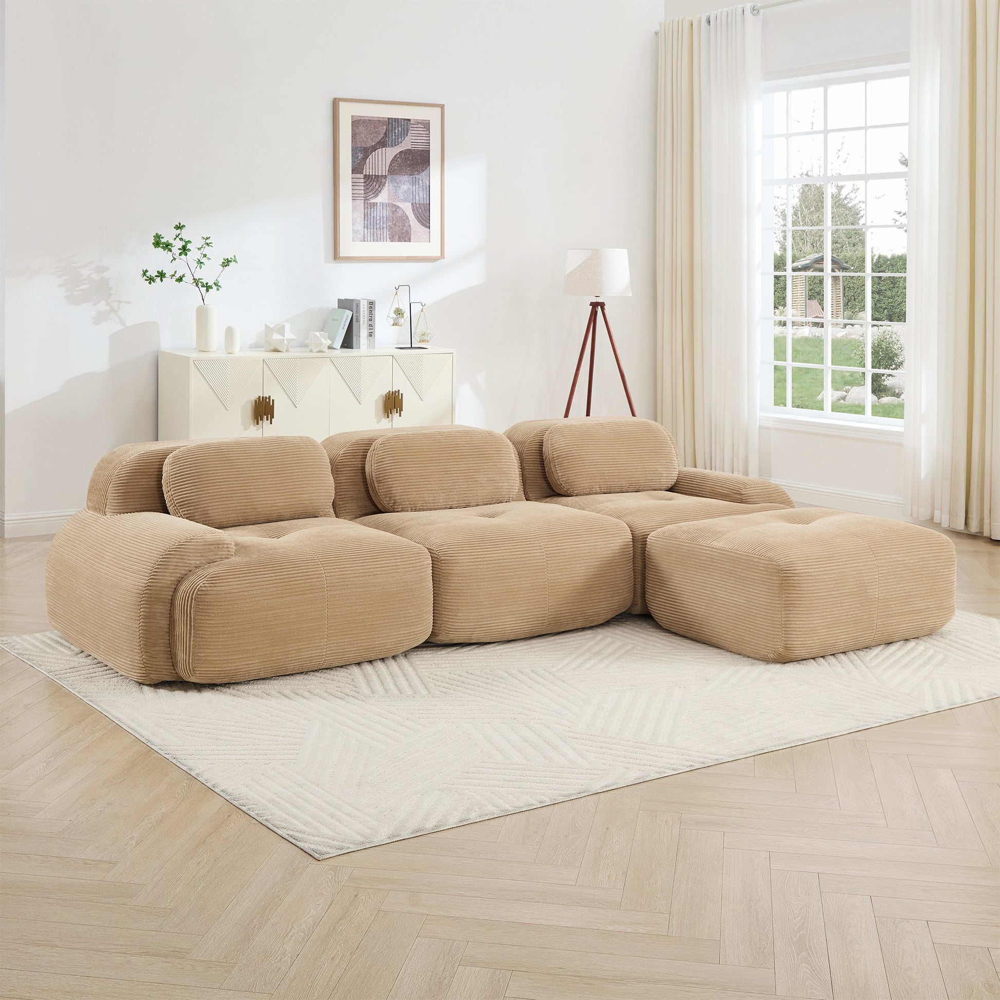 Camel corduroy boneless sectional, 3-seat with one ottoman layout, straight on view in a living room — Camel / 3-Seat + 1 Ottoman