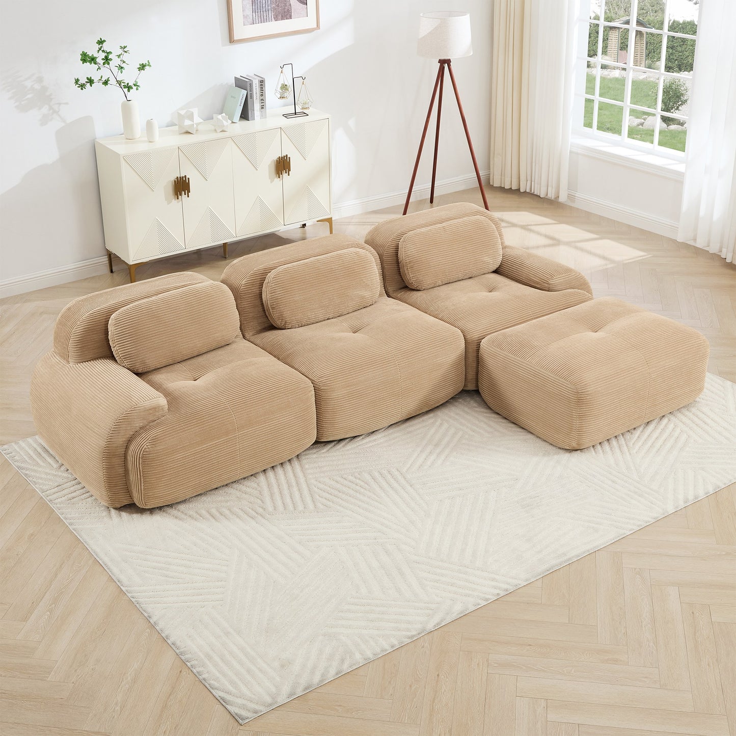 Camel corduroy boneless sectional, 3-seat with one ottoman layout, angled view in a bright living room — Camel / 3-Seat + 1 Ottoman