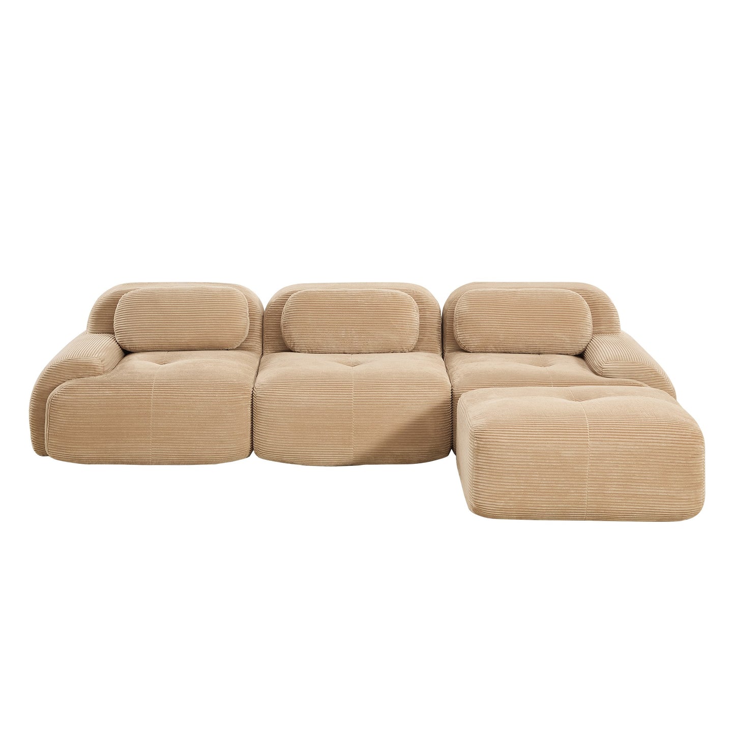 Camel corduroy boneless sectional, 3-seat with one ottoman layout, second view on a white background — Camel / 3-Seat + 1 Ottoman