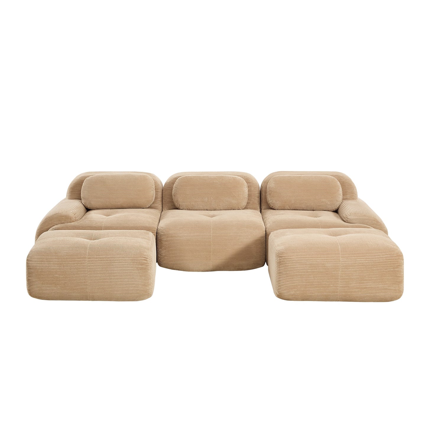 Camel corduroy boneless sectional, 3-seat with two ottomans layout, 45 degree view on a white background — Camel / 3-Seat + 2 Ottomans