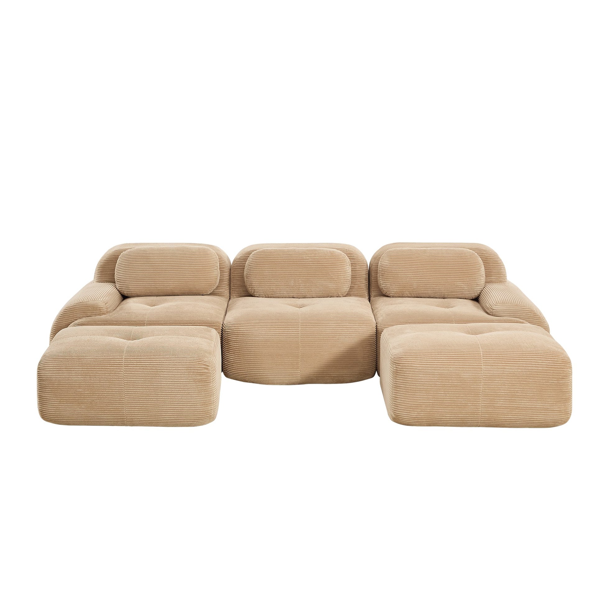 Camel corduroy boneless sectional, 3-seat with two ottomans layout, 45 degree view on a white background — Camel / 3-Seat + 2 Ottomans