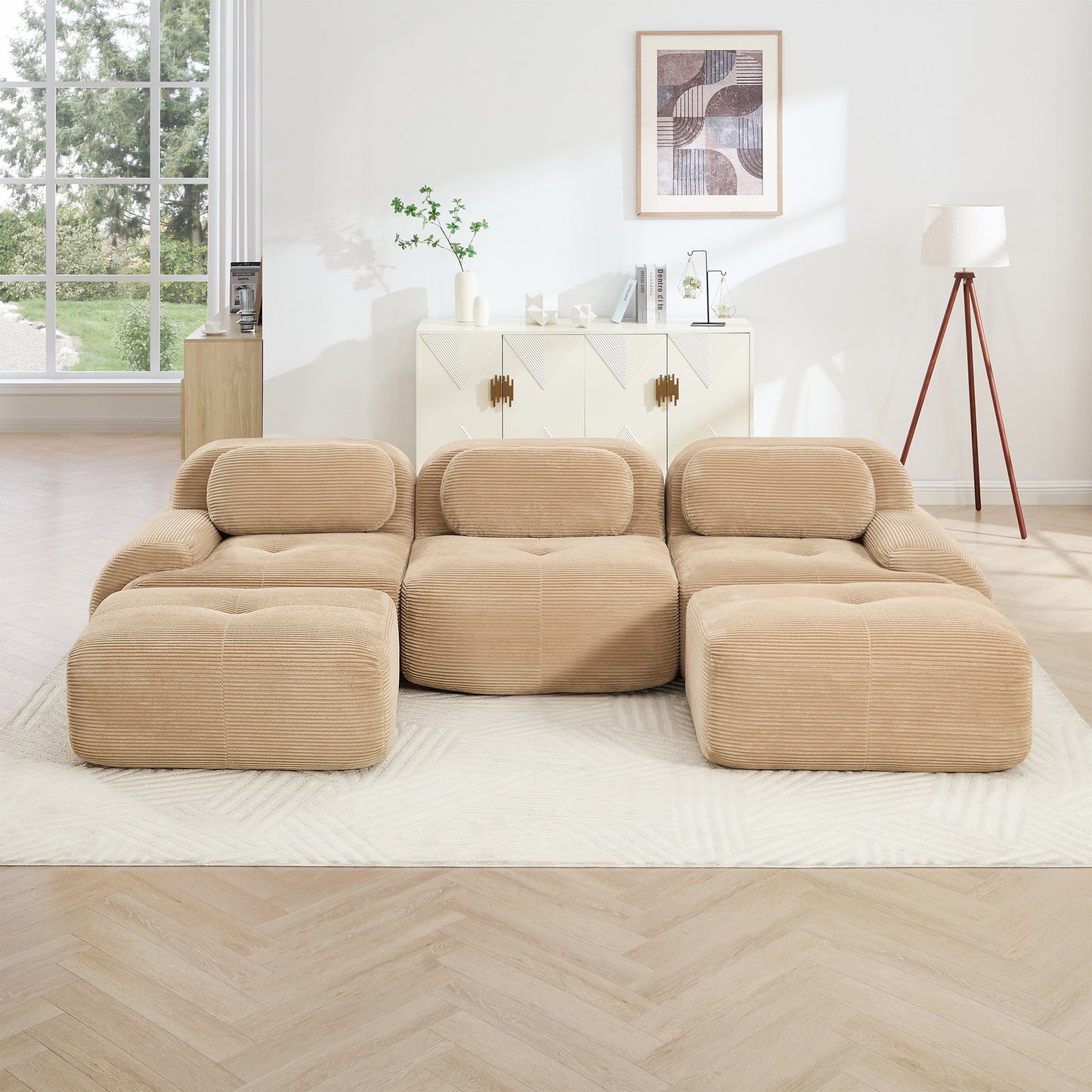 Camel corduroy boneless sectional, 3-seat with two ottomans layout, straight on view in a living room — Camel / 3-Seat + 2 Ottomans