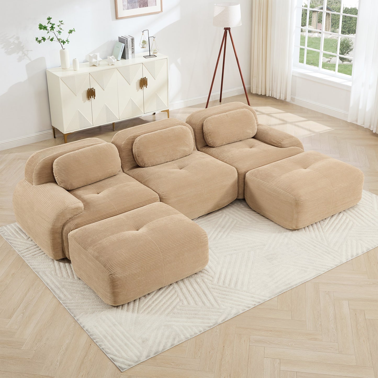 Camel corduroy boneless sectional, 3-seat with two ottomans layout, angled view in a bright living room — Camel / 3-Seat + 2 Ottomans