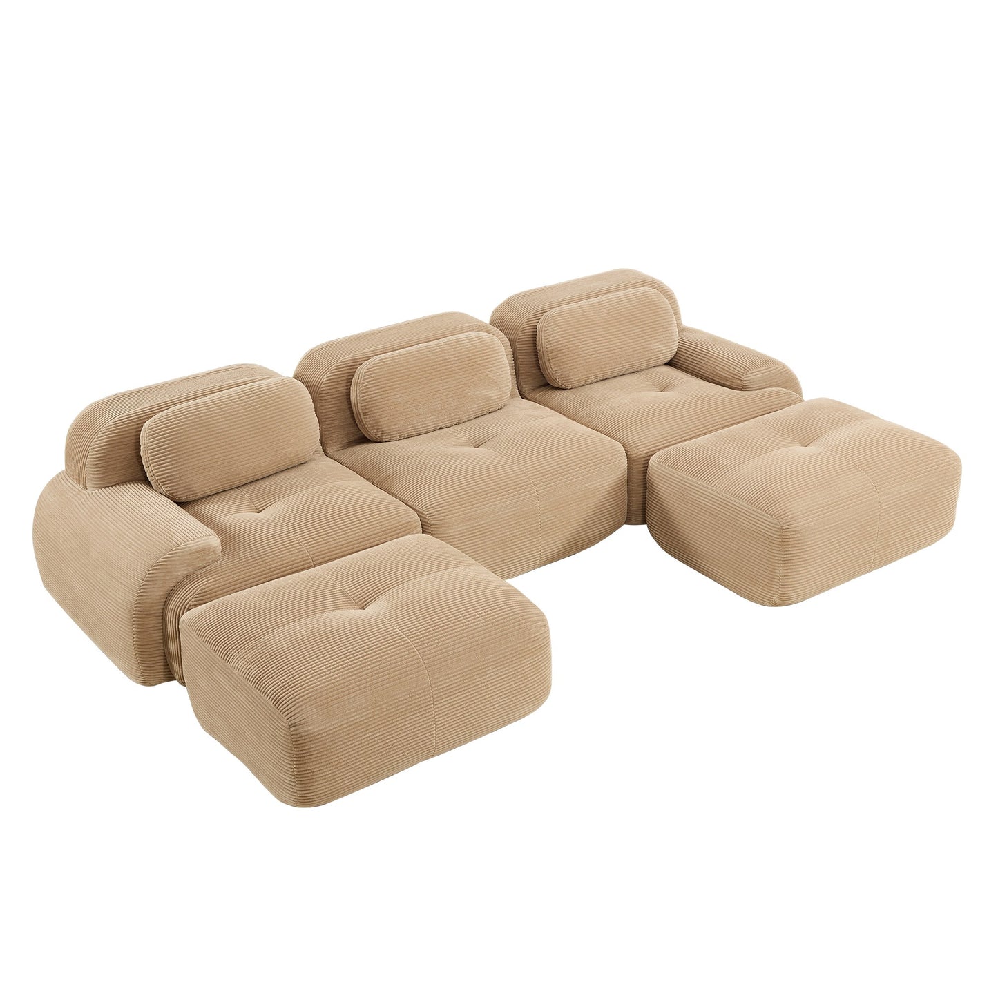 Camel corduroy boneless sectional, 3-seat with two ottomans layout, second view on a white background — Camel / 3-Seat + 2 Ottomans