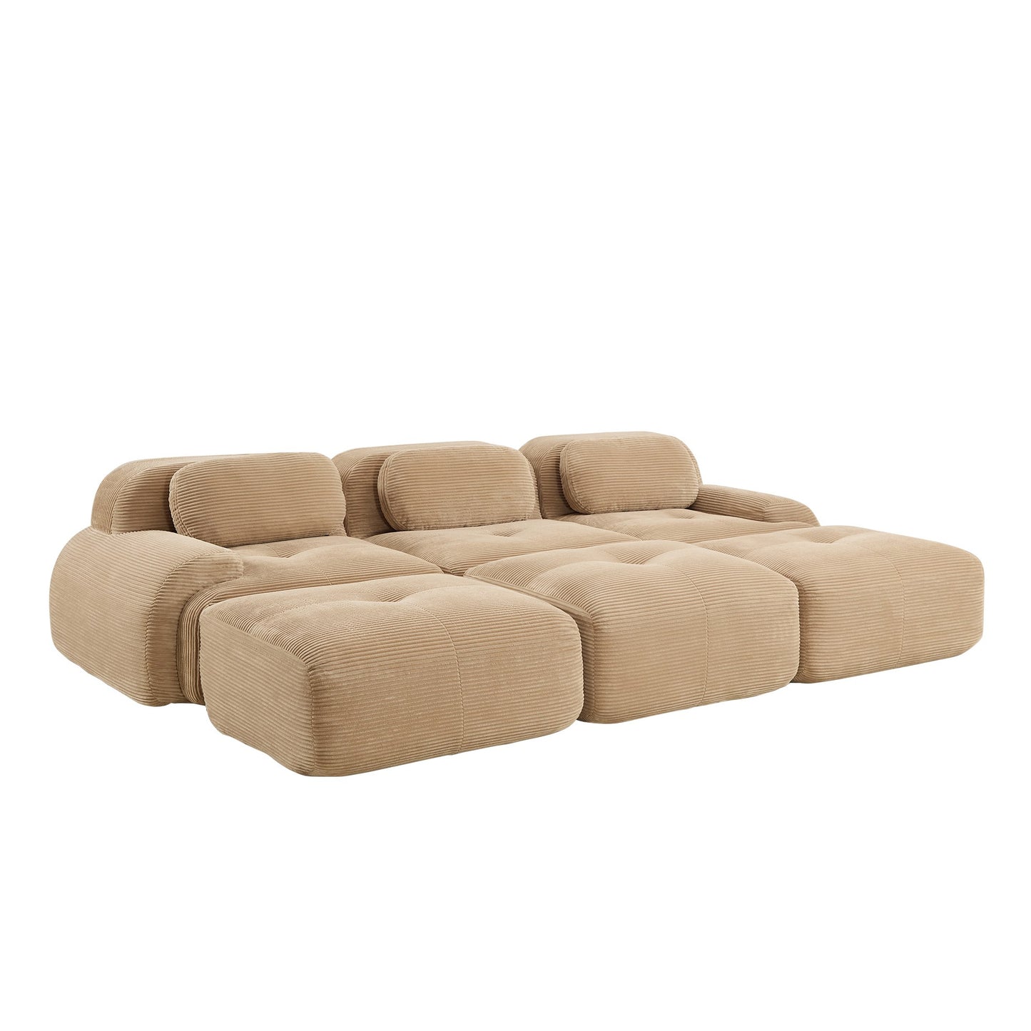 Camel corduroy boneless sectional, 3-seat with three ottomans layout, 45 degree view on a white background — Camel / 3-Seat + 3 Ottomans