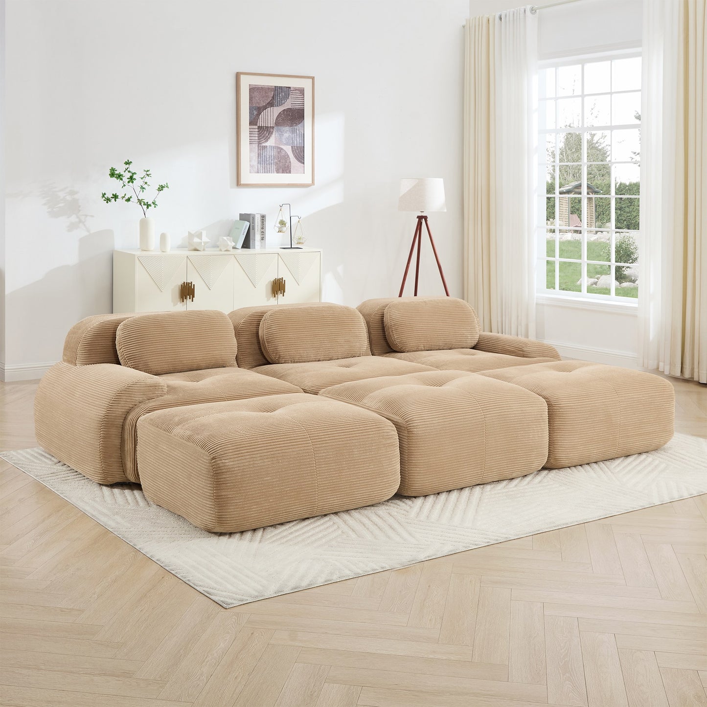 Camel corduroy boneless sectional, 3-seat with three ottomans layout, straight on view in a living room — Camel / 3-Seat + 3 Ottomans