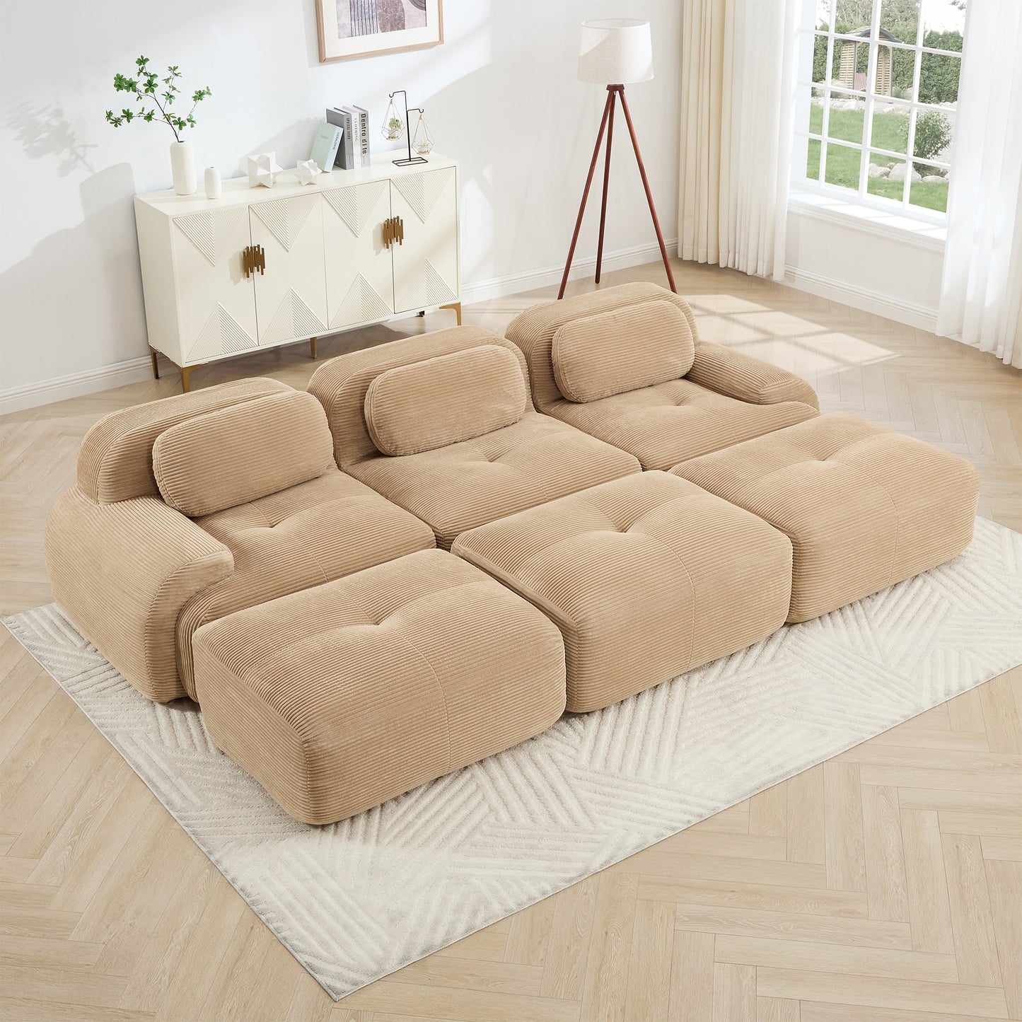 Camel corduroy boneless sectional, 3-seat with three ottomans layout, angled view in a bright living room — Camel / 3-Seat + 3 Ottomans