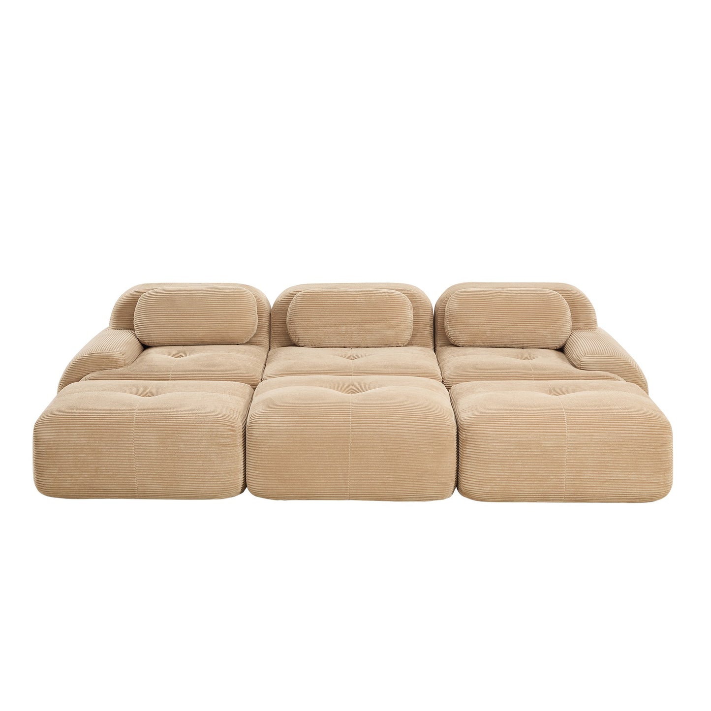 Camel corduroy boneless sectional, 3-seat with three ottomans layout, second view on a white background — Camel / 3-Seat + 3 Ottomans