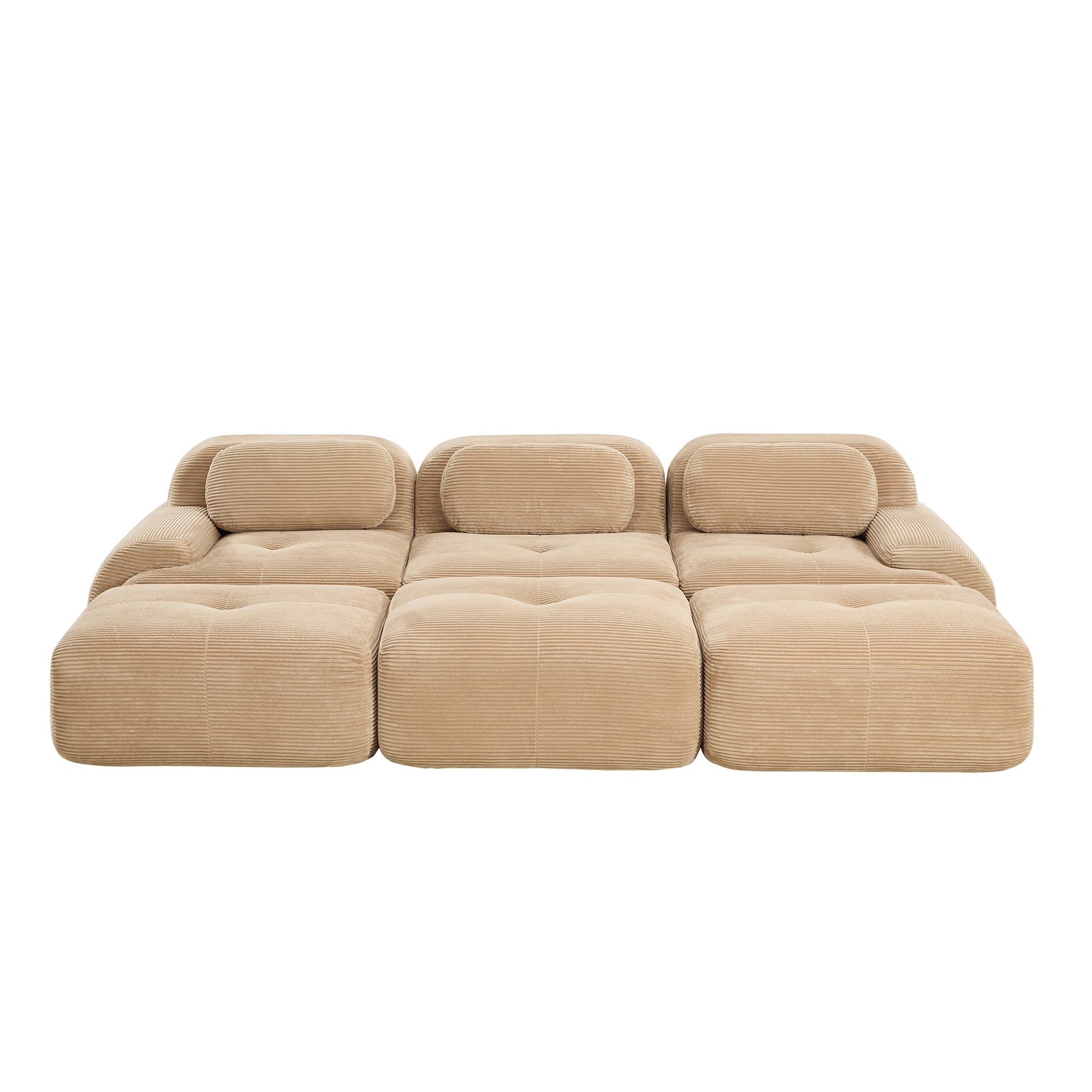 Camel corduroy boneless sectional, 3-seat with three ottomans layout, second view on a white background — Camel / 3-Seat + 3 Ottomans